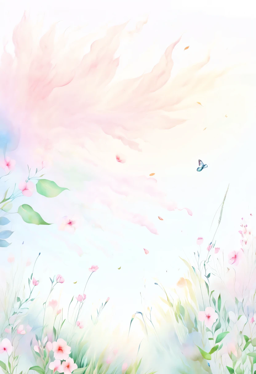 pastel tones，Light style，cozy calm，nature，warm and comfortable，garden，This watercolor floral painting shows a beautiful scene of wildflowers and peach blossoms in a field。The screen is dominated by a white background，Highlights the bright colors of flowers。Use splatter techniques，Reproduces the humid atmosphere。Abstract compositions blend with surreal elements，Create a unique visual effect。Light tones、Pale pink and light green color scheme，and high-resolution details，Shows the vitality and vitality of flowers。The ink splash effect adds to the dynamics of the picture.。In general，This painting is painted in pale tones，Presenting a beautiful watercolor flower painting。