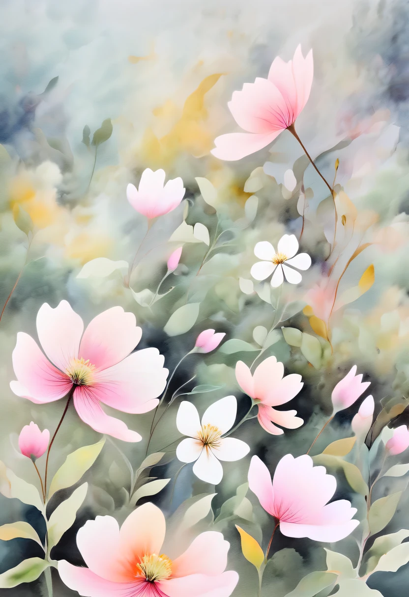 柔和色调，淡雅风格，舒适宁静，自然，温馨舒适，花园，This watercolor flower painting shows an elegant and fresh visual effect。Fields of wildflowers and lavender，Forming the perfect combination of nature and romance。The screen is dominated by a white background，Highlight isolated watercolor flower。Splash technology recreates wet conditions，The atmosphere seems vague and dreamy。Unique compositions and abstract representation add to the artistic feel of the picture，Contains elements of surrealism。The overall color tone is mainly light tones，Lilac and green complement each other beautifully，Reveal high-resolution details。The ink splash effect adds a touch of agility to the picture，The pale color gives the flowers a deep and restrained beauty.。