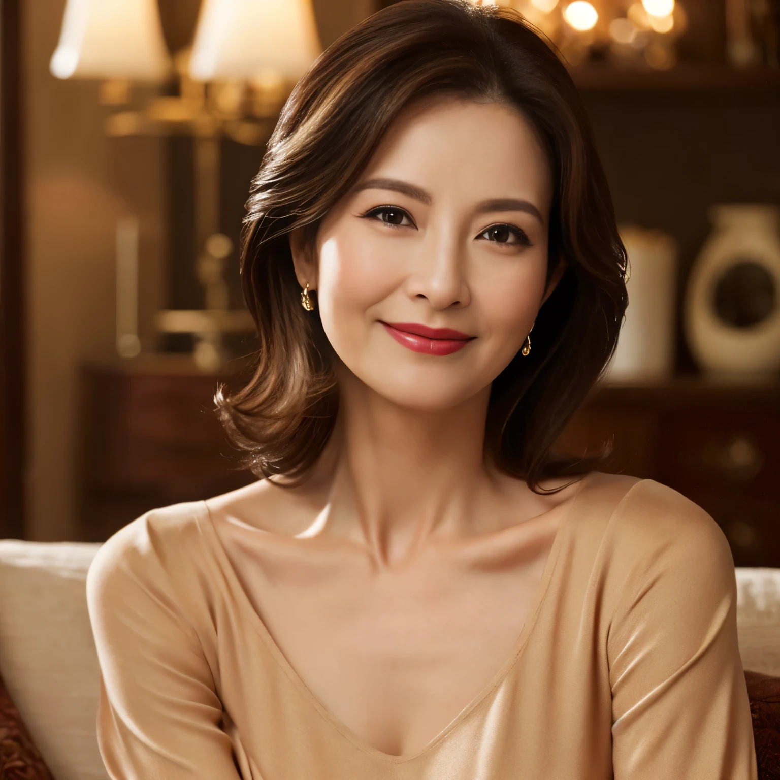 (highest quality、table top、8K、best image quality), The most beautiful and classy 45 year old mature woman、 (Female upper body photo:1.1)、Beautiful detailed face、(standing in the living room:1.1)、Elegant and beautiful V-neck loungewear、clavicle、(A sad and fleeting smile staring at me)、perfect makeup、(Bewitching、glossy、A sexy mature woman)、cleavage、soft big breasts、(Perfect composition showing the most beautiful woman:1.1)、plump body、(Romantic and moody warm lighting:1.2)、lipstick、long eyelashes、perfect glossy beautiful lips、plump lips、Beautiful and classy eye shadow The most beautiful and classy hairstyle、(accurate anatomy:1.1)、blurred background