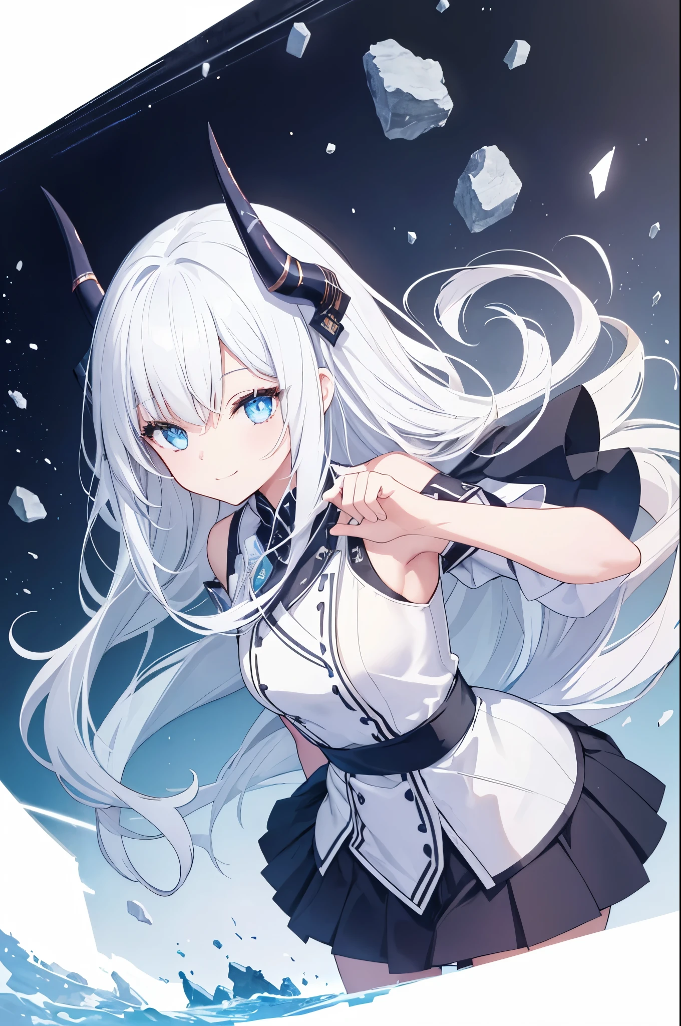 a human girl，girl figure，top view，side view，sideways，female face，A bad smile，smile，perfect fair skin，sideways，white long straight hair，Hair has turned white，white hair，blue eyes，There are highlights in the eyes，female hands，novice，There are two long and straight dragon horns on the head，Dressed in rock band clothes，The background is rock and roll music，masterpiece，Exquisite and exquisite two-dimensional exquisite painting style，Exquisite and delicate，8K high quality，CG wallpaper，HD，Bad milk，Small breasts，solo，tomorrow ark风格，tomorrow ark