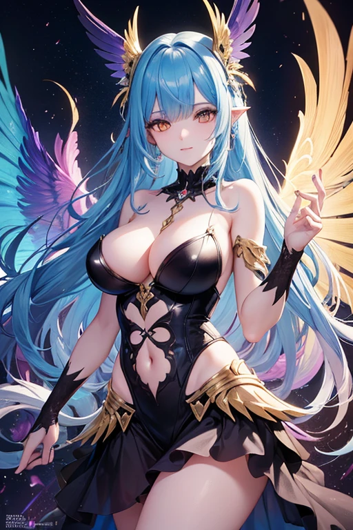 In a mesmerizingly vibrant digital anime, a spellbinding harpy captures attention with her eccentric allure. The main subject of the image is a half-bird, half-human creature with neon-colored feathers, long flowing hair, and piercing golden eyes. The image is a carefully crafted digital painting, showcasing intricate details and rich textures. The harpy's wings are adorned with intricate patterns, shimmering in shades of iridescent blues and purples. Her feathers, both decaying and full of life, possess a hypnotic effect as they gracefully cascade down her body. The harpy's enchanting charm is enhanced by the digital medium, allowing for intricate rendering and dynamic poses. This high-quality image immerses the viewers into a fantastical world, inviting them to explore the mysterious allure of the harpy.