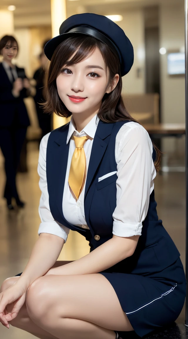 (((full body,including legs)))、(((perfect uniform of Japanese stewardess, blue striped necktie, vest-dress uniform、small hat, white formal short gloves,(black high-heel), ((with a mini mic in her hand))),bus guide,日本のバスガイド、little smile,white blouse,tight blouse)))、(((navy bowler hat),navy hat)), white gloves, short gloves, high heel、Dressed up、(Photo real:1.4)、(A hyper-realistic:1.4)、(Photorealistic:1.3)、 (gentle lighting: 1.05)、(Improve the lighting quality of your video:0.9)、32k、 1Girl、28years old girl、photorealistic lighting、Back lighting、Facial Lights、Ray Trace、(bright:1.2)、(Increase quality:1.4)、 (best quality real texture skin)、Fair eyes,Delicate and delicate face, Close-up of the breasts, white blouse,tight blouse,tight vest-dress uniform, (Bodyline mood improvement:1.1)、goofigure,Glossy skin、wavy hair,blonde hair,韓国アイドル、乃木坂アイドル、Sculptural Idol Pose、little smile,blush,Beautiful actress、Neat woman,whole body, (((midium breasts,beautiful breasts))),(perfect row of teeth),slender waist and hip,beautiful long legs,full shot)、((8heads tall)、(((誘惑している、恥ずかしい)))、dynamic pose,gravure pose,(eye shadow),((red cheek、red lips)),Super Clean Night View、night time、blush,little smile,(((full shot)))、(((in the elevater))),