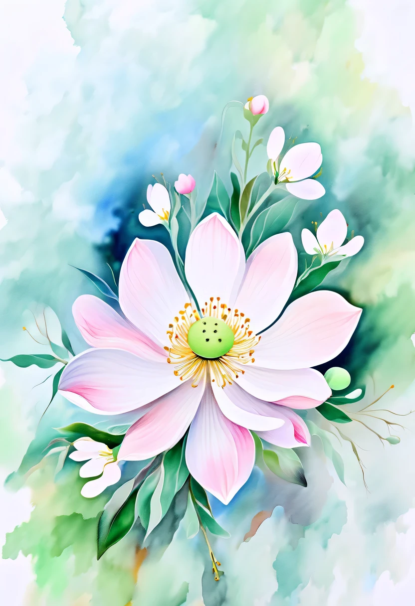 pastel tones,Light style,cozy calm,nature,warm and comfortable,garden,This watercolor floral painting shows a beautiful scene of wildflowers and peach blossoms in a field。The screen is dominated by a white background,Highlights the bright colors of flowers。Use splatter techniques,Reproduces the humid atmosphere。Abstract compositions blend with surreal elements,Create a unique visual effect。Light tones、Pale pink and light green color scheme,and high-resolution details,Shows the vitality and vitality of flowers。The ink splash effect adds to the dynamics of the picture.。In general,This painting is painted in pale tones,Presenting a beautiful watercolor flower painting。