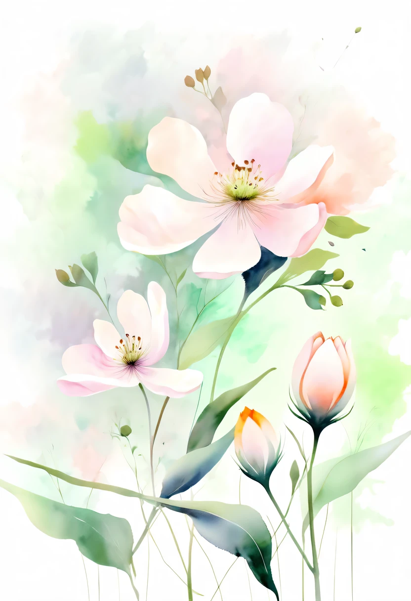 pastel tones,Light style,cozy calm,nature,warm and comfortable,garden,This watercolor floral painting shows a beautiful scene of wildflowers and peach blossoms in a field。The screen is dominated by a white background,Highlights the bright colors of flowers。Use splatter techniques,Reproduces the humid atmosphere。Abstract compositions blend with surreal elements,Create a unique visual effect。Light tones、Pale pink and light green color scheme,and high-resolution details,Shows the vitality and vitality of flowers。The ink splash effect adds to the dynamics of the picture.。In general,This painting is painted in pale tones,Presenting a beautiful watercolor flower painting。