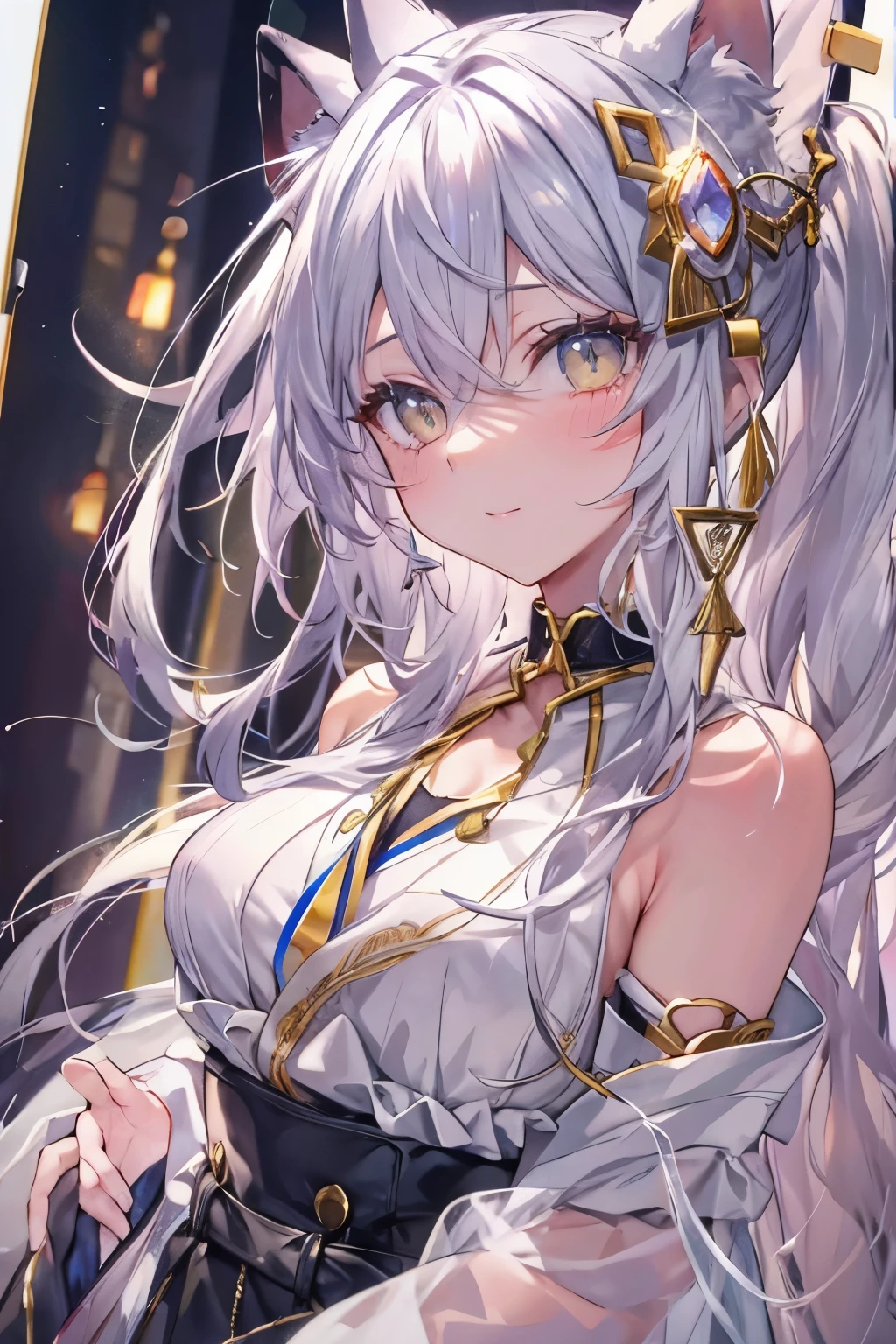 silver hair、cat collar black、eyes with sparkling flames、tits、belly button、japan town tokyo、Staring at the sky、first field view、wavy ponytail、hair on shoulders、very long hair、very thick hair、beautiful and fine eyes、golden eyes、eyes like jewels、Diamond-shaped eyes、hug your feet、detailed jewel leather collar、twin tails、sunglasses、amber eyes、beast ears、smile、embarrassing、blush、Tears、high detail、anime、romanticism、shine、silhouette、Depth of bounds written、UHD、retina、masterpiece、correct、anatomically correct、textured skin、super detail、high detail、award-winning、最high quality、high resolution、high quality、16k、cleavage