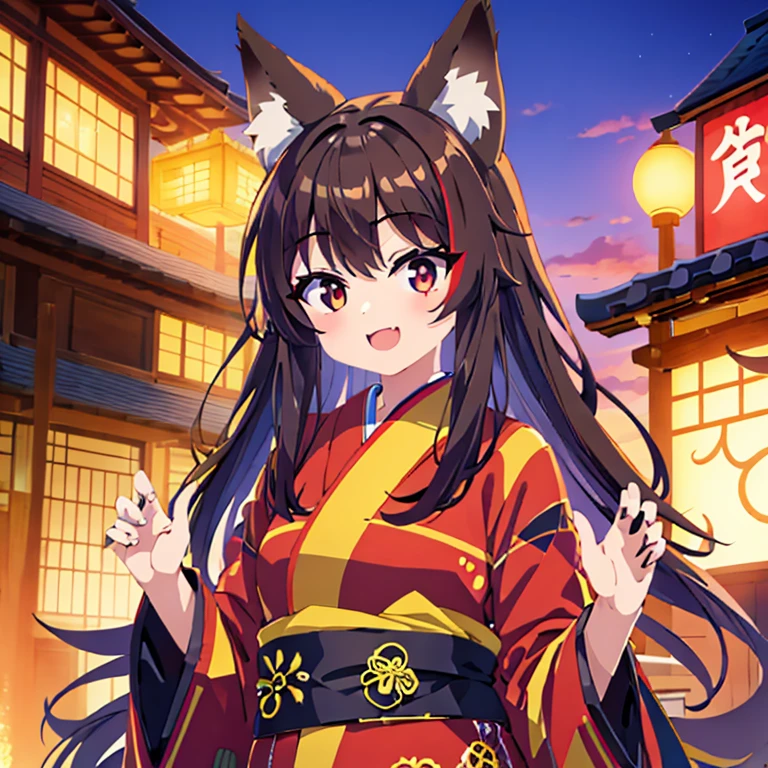 6+girl,animal ears,brown hair,Colored sclera,colored skin,fox ears,狐狸girl,狐狸Tail,fur,japanese clothing,kimono,fox demon,long hair,Miko,Doobi,Open your mouth,红色kimono,belt,Smile,Tail,ring,Eye,Checkered shirt,apron,brown hair,petite,cute