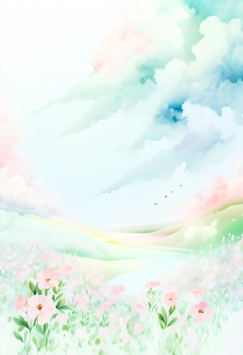 pastel tones,Light style,cozy calm,nature,warm and comfortable,garden,This watercolor floral painting shows a beautiful scene of wildflowers and peach blossoms in a field。The screen is dominated by a white background,Highlights the bright colors of flowers。Use splatter techniques,Reproduces the humid atmosphere。Abstract compositions blend with surreal elements,Create a unique visual effect。Light tones、Pale pink and light green color scheme,and high-resolution details,Shows the vitality and vitality of flowers。The ink splash effect adds to the dynamics of the picture.。In general,This painting is painted in pale tones,Presenting a beautiful watercolor flower painting。