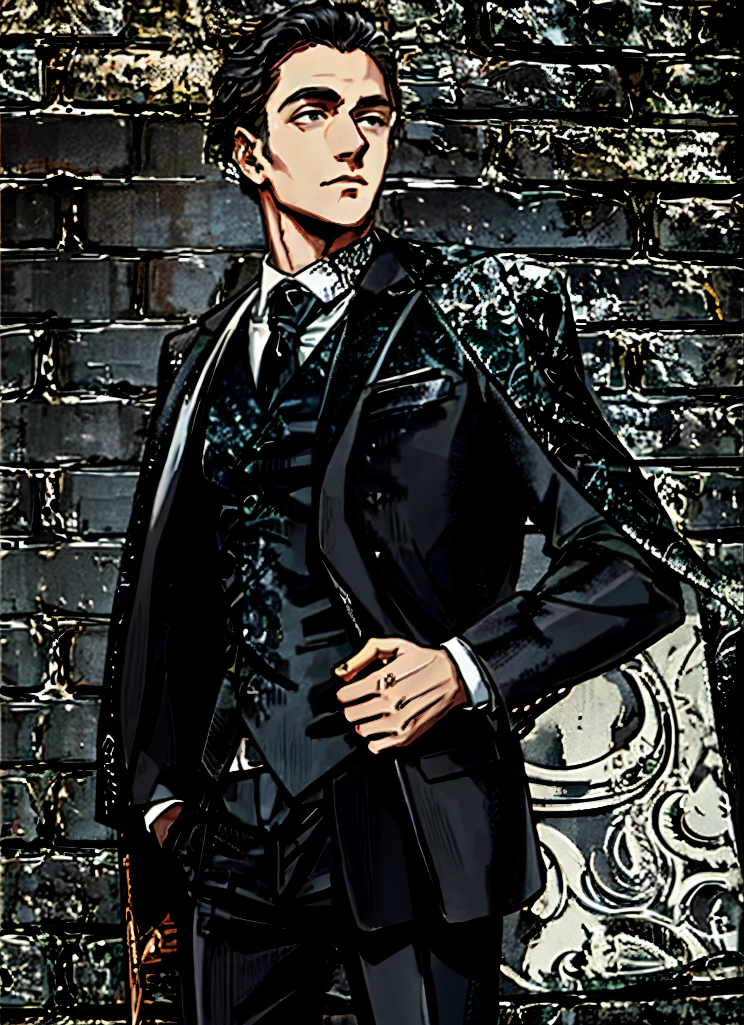 arafed man in a suit and tie standing in front of a brick wall, wearing a strict business suit, man in black suit, clothed in ancient suit, in strict suit, handsome man, suit and waistcoat, wearing a black noble suit, wearing a stylish men's suit, subject detail: wearing a suit, wearing fashion suit, dressed in expensive clothes
