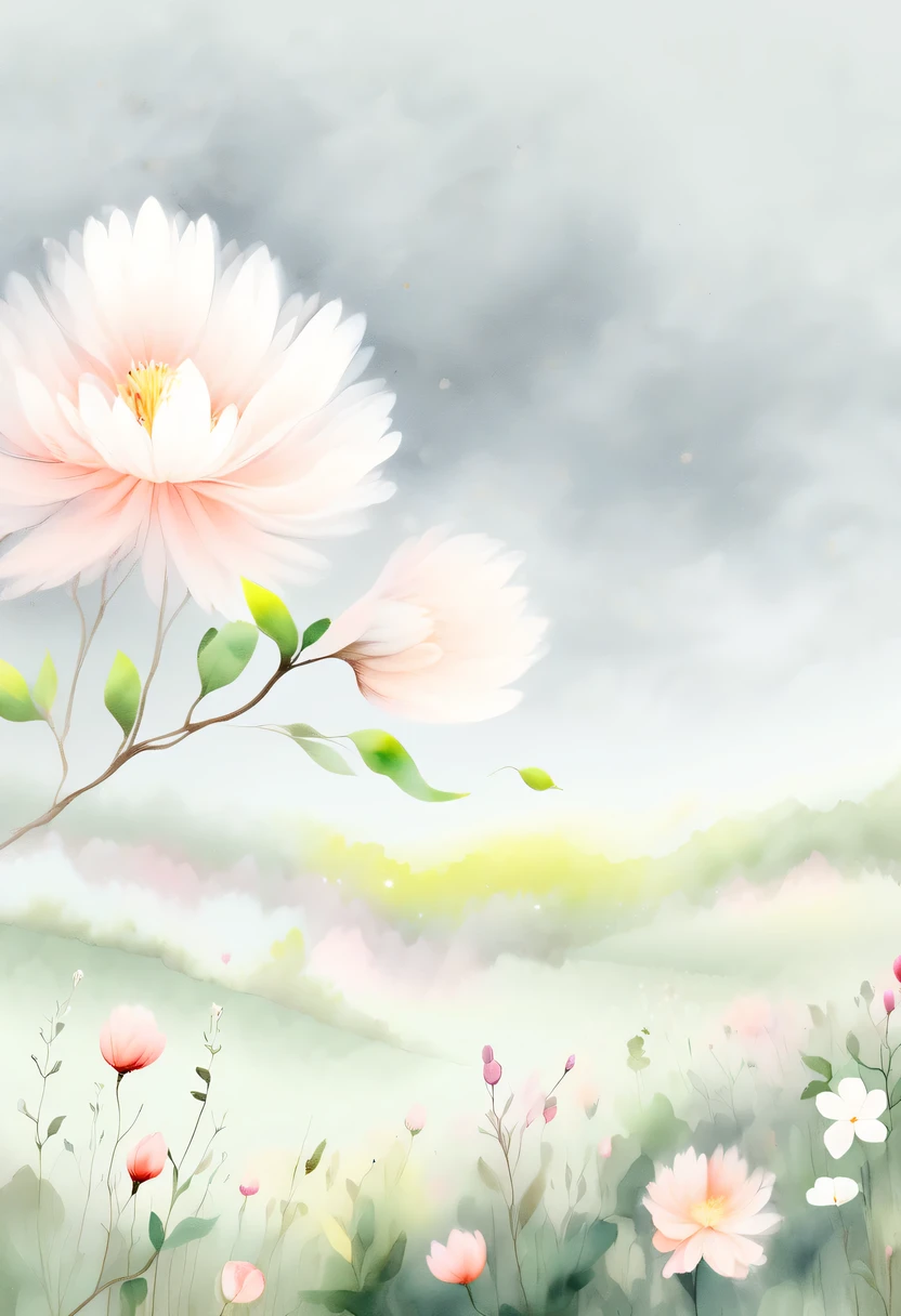pastel tones,Light style,cozy calm,nature,warm and comfortable,garden,This watercolor floral painting shows a beautiful scene of wildflowers and peach blossoms in a field。The screen is dominated by a white background,Highlights the bright colors of flowers。Use splatter techniques,Reproduces the humid atmosphere。Abstract compositions blend with surreal elements,Create a unique visual effect。Light tones、Pale pink and light green color scheme,and high-resolution details,Shows the vitality and vitality of flowers。The ink splash effect adds to the dynamics of the picture.。In general,This painting is painted in pale tones,Presenting a beautiful watercolor flower painting。