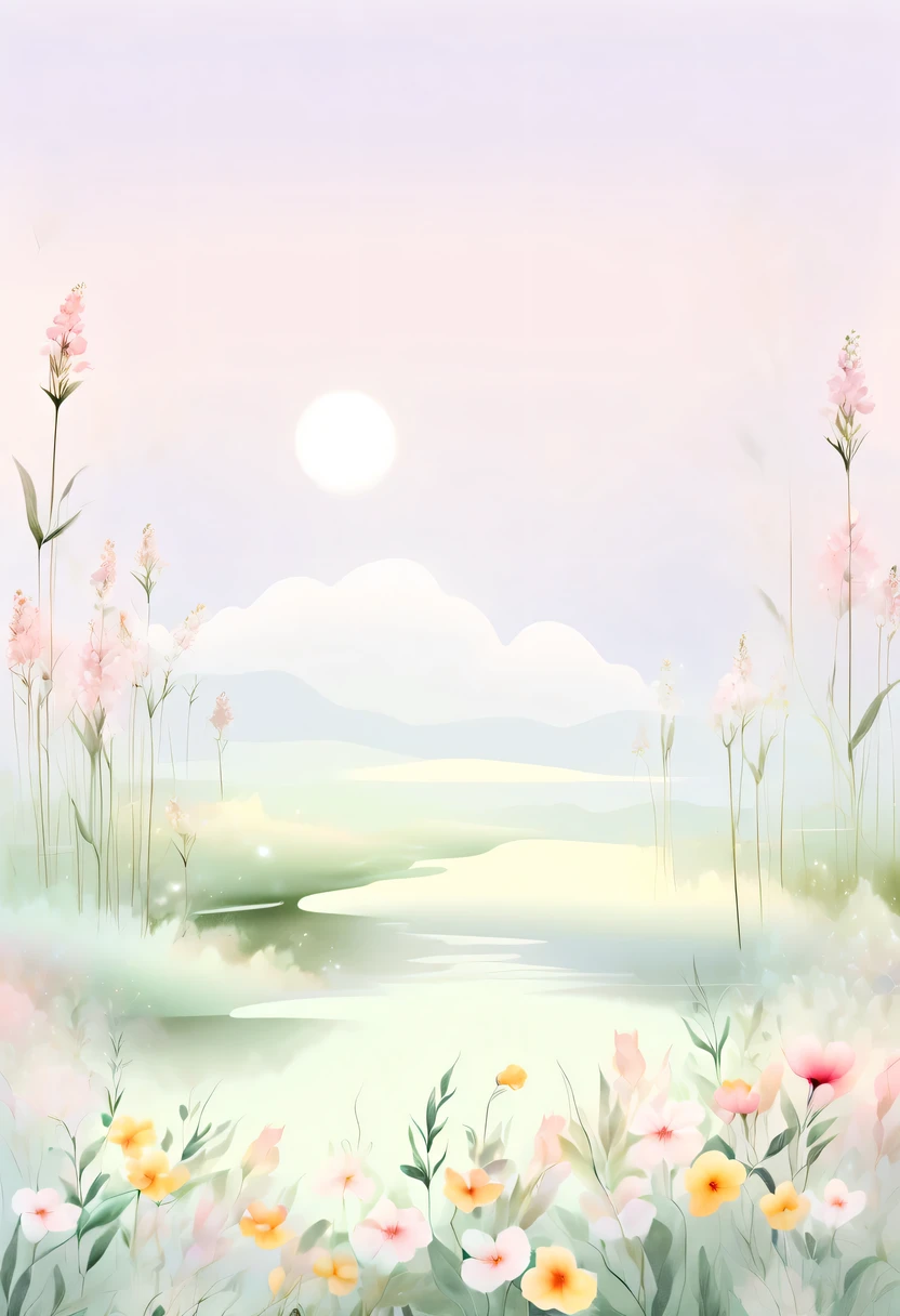 pastel tones,Light style,cozy calm,nature,warm and comfortable,garden,This watercolor floral painting shows a beautiful scene of wildflowers and peach blossoms in a field。The screen is dominated by a white background,Highlights the bright colors of flowers。Use splatter techniques,Reproduces the humid atmosphere。Abstract compositions blend with surreal elements,Create a unique visual effect。Light tones、Pale pink and light green color scheme,and high-resolution details,Shows the vitality and vitality of flowers。The ink splash effect adds to the dynamics of the picture.。In general,This painting is painted in pale tones,Presenting a beautiful watercolor flower painting。