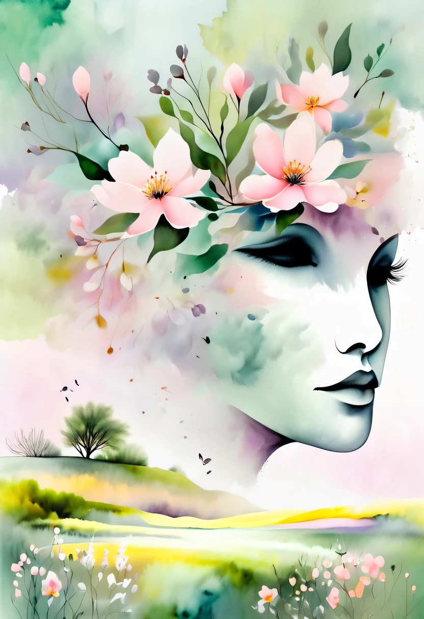 pastel tones,Light style,cozy calm,nature,warm and comfortable,garden,This watercolor floral painting shows a beautiful scene of wildflowers and peach blossoms in a field。The screen is dominated by a white background,Highlights the bright colors of flowers。Use splatter techniques,Reproduces the humid atmosphere。Abstract compositions blend with surreal elements,Create a unique visual effect。Light tones、Pale pink and light green color scheme,and high-resolution details,Shows the vitality and vitality of flowers。The ink splash effect adds to the dynamics of the picture.。In general,This painting is painted in pale tones,Presenting a beautiful watercolor flower painting。