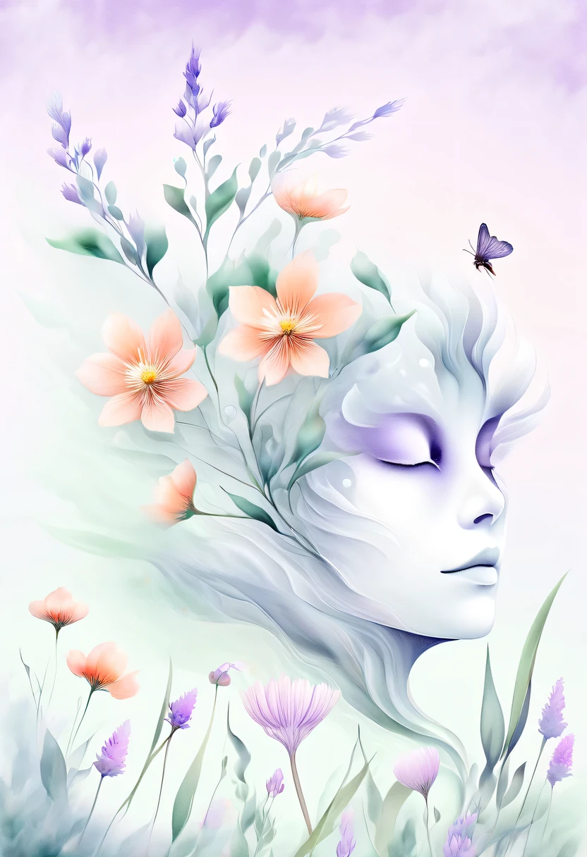 柔和色调,淡雅风格,舒适宁静,自然,温馨舒适,花园,This watercolor flower painting shows an elegant and fresh visual effect。Fields of wildflowers and lavender,Forming the perfect combination of nature and romance。The screen is dominated by a white background,Highlight isolated watercolor flower。Splash technology recreates wet conditions,The atmosphere seems vague and dreamy。Unique compositions and abstract representation add to the artistic feel of the picture,Contains elements of surrealism。The overall color tone is mainly light tones,Lilac and green complement each other beautifully,Reveal high-resolution details。The ink splash effect adds a touch of agility to the picture,The pale color gives the flowers a deep and restrained beauty.。