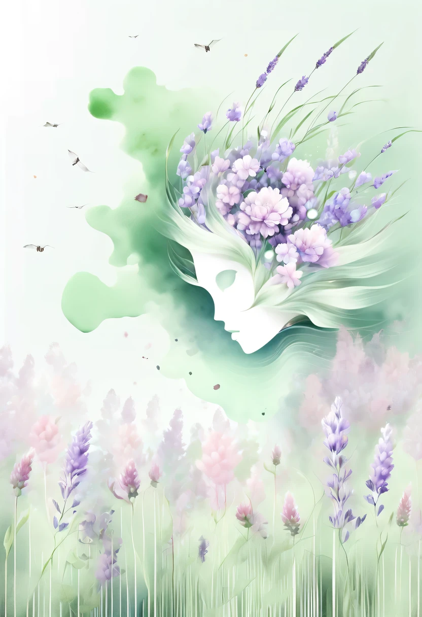 柔和色调，淡雅风格，舒适宁静，自然，温馨舒适，花园，This watercolor flower painting shows an elegant and fresh visual effect。Fields of wildflowers and lavender，Forming the perfect combination of nature and romance。The screen is dominated by a white background，Highlight isolated watercolor flower。Splash technology recreates wet conditions，The atmosphere seems vague and dreamy。Unique compositions and abstract representation add to the artistic feel of the picture，Contains elements of surrealism。The overall color tone is mainly light tones，Lilac and green complement each other beautifully，Reveal high-resolution details。The ink splash effect adds a touch of agility to the picture，The pale color gives the flowers a deep and restrained beauty.。