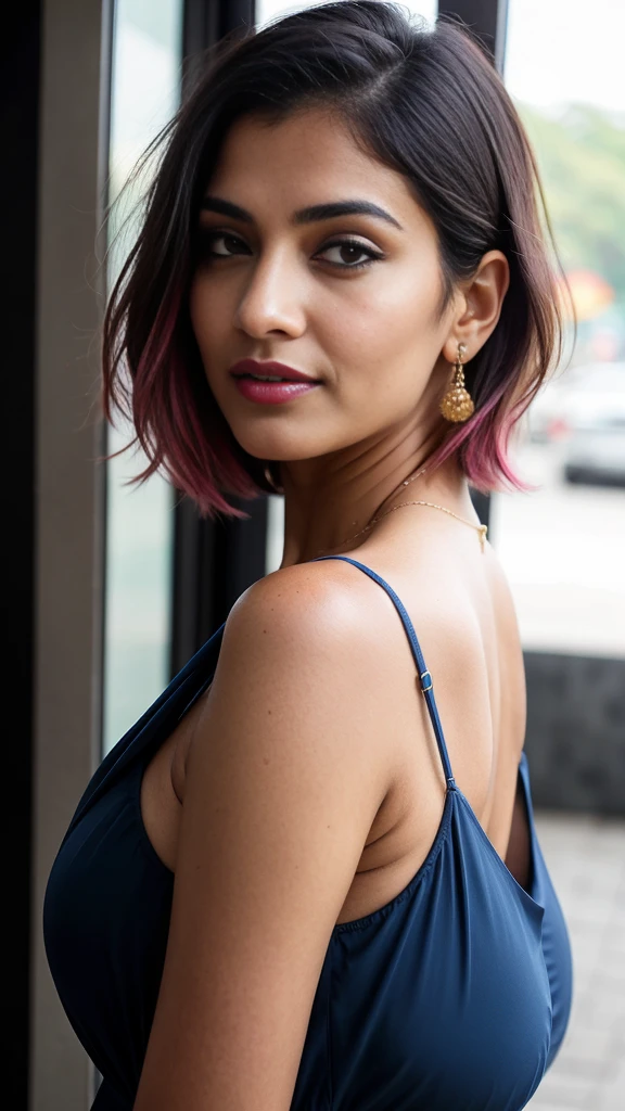 create a hyper realistic vertical photo of [[North Indian ]]most attractive woman in her 40s, blue color Sundress, extra big chest, 36d, flirty gaze, Feathered Bob , trending on artstation, portrait, digital art, modern, sleek, highly detailed, formal, determined, pink liner lipstick, soft lips, black eyes
