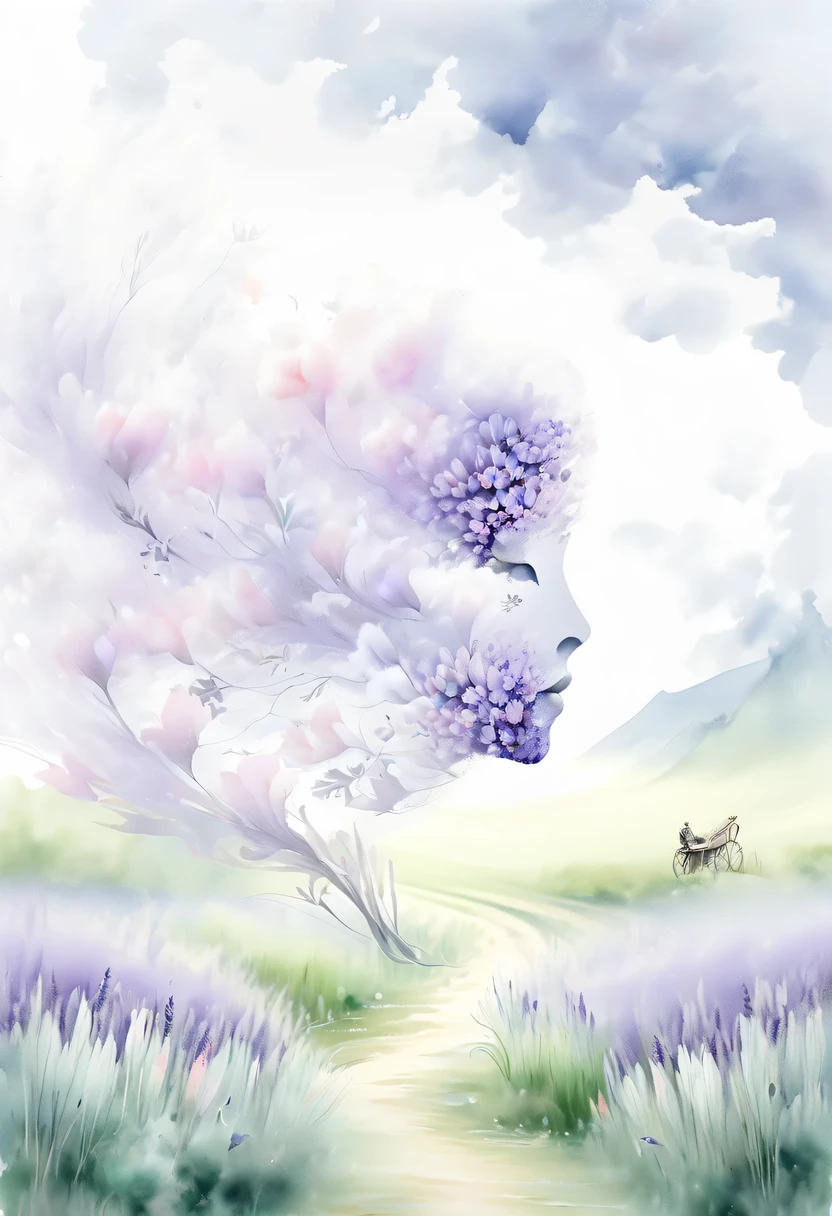 柔和色调,淡雅风格,舒适宁静,自然,温馨舒适,花园,This watercolor flower painting shows an elegant and fresh visual effect。Fields of wildflowers and lavender,Forming the perfect combination of nature and romance。The screen is dominated by a white background,Highlight isolated watercolor flower。Splash technology recreates wet conditions,The atmosphere seems vague and dreamy。Unique compositions and abstract representation add to the artistic feel of the picture,Contains elements of surrealism。The overall color tone is mainly light tones,Lilac and green complement each other beautifully,Reveal high-resolution details。The ink splash effect adds a touch of agility to the picture,The pale color gives the flowers a deep and restrained beauty.。