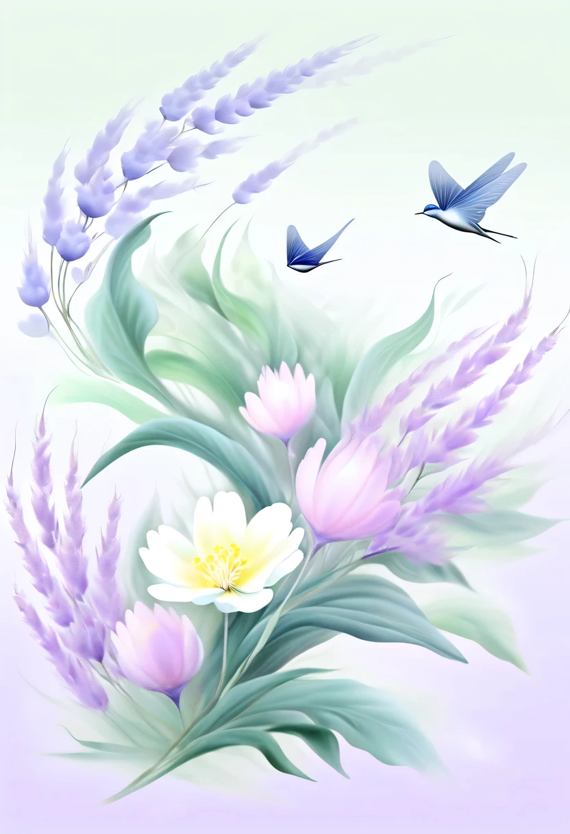 柔和色调,淡雅风格,舒适宁静,自然,温馨舒适,花园,This watercolor flower painting shows an elegant and fresh visual effect。Fields of wildflowers and lavender,Forming the perfect combination of nature and romance。The screen is dominated by a white background,Highlight isolated watercolor flower。Splash technology recreates wet conditions,The atmosphere seems vague and dreamy。Unique compositions and abstract representation add to the artistic feel of the picture,Contains elements of surrealism。The overall color tone is mainly light tones,Lilac and green complement each other beautifully,Reveal high-resolution details。The ink splash effect adds a touch of agility to the picture,The pale color gives the flowers a deep and restrained beauty.。