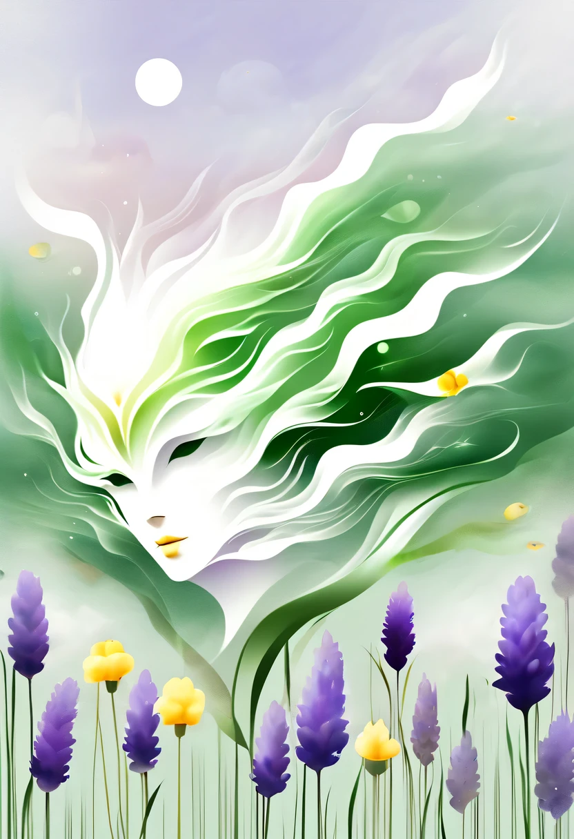 柔和色调，淡雅风格，舒适宁静，自然，温馨舒适，花园，This watercolor flower painting shows an elegant and fresh visual effect。Fields of wildflowers and lavender，Forming the perfect combination of nature and romance。The screen is dominated by a white background，Highlight isolated watercolor flower。Splash technology recreates wet conditions，The atmosphere seems vague and dreamy。Unique compositions and abstract representation add to the artistic feel of the picture，Contains elements of surrealism。The overall color tone is mainly light tones，Lilac and green complement each other beautifully，Reveal high-resolution details。The ink splash effect adds a touch of agility to the picture，The pale color gives the flowers a deep and restrained beauty.。