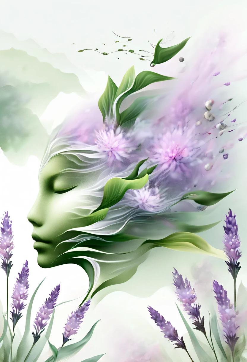 柔和色调,淡雅风格,舒适宁静,自然,温馨舒适,花园,This watercolor flower painting shows an elegant and fresh visual effect。Fields of wildflowers and lavender,Forming the perfect combination of nature and romance。The screen is dominated by a white background,Highlight isolated watercolor flower。Splash technology recreates wet conditions,The atmosphere seems vague and dreamy。Unique compositions and abstract representation add to the artistic feel of the picture,Contains elements of surrealism。The overall color tone is mainly light tones,Lilac and green complement each other beautifully,Reveal high-resolution details。The ink splash effect adds a touch of agility to the picture,The pale color gives the flowers a deep and restrained beauty.。