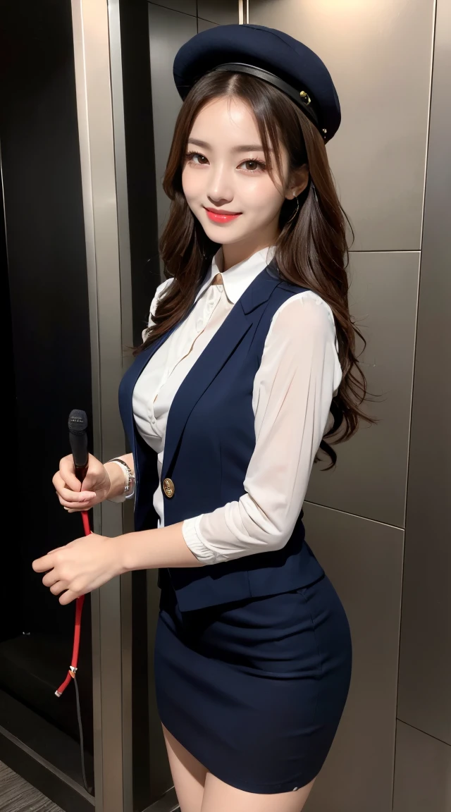(((full body,including legs)))、(((perfect uniform of Japanese stewardess, vest-dress uniform、small hat, white formal short gloves,(black high-heel),  ((with a mini mic in her hand))),bus guide,日本のバスガイド、little smile,white blouse,tight blouse)))、(((navy bowler hat),navy hat)), white gloves, short gloves,  high heel、Dressed up、(Photo real:1.4)、(A hyper-realistic:1.4)、(Photorealistic:1.3)、 (gentle lighting: 1.05)、(Improve the lighting quality of your video:0.9)、32k、 1Girl、28years old girl、photorealistic lighting、Back lighting、Facial Lights、Ray Trace、(bright:1.2)、(Increase quality:1.4)、 (best quality real texture skin)、Fair eyes,Delicate and delicate face, Close-up of the breasts, white blouse,tight blouse,tight vest-dress uniform, (Bodyline mood improvement:1.1)、goofigure,Glossy skin、wavy hair,blonde hair,韓国アイドル、乃木坂アイドル、Sculptural Idol Pose、little smile,blush,Beautiful actress、Neat woman,whole body, (((midium breasts,beautiful breasts))),(perfect row of teeth),slender waist and hip,beautiful long legs,full shot)、((8heads tall)、(((誘惑している、恥ずかしい)))、dynamic pose,gravure pose,(eye shadow),((red cheek、red lips)),Super Clean Night View、night time、blush,little smile,(((full shot)))、(((in the elevater))),