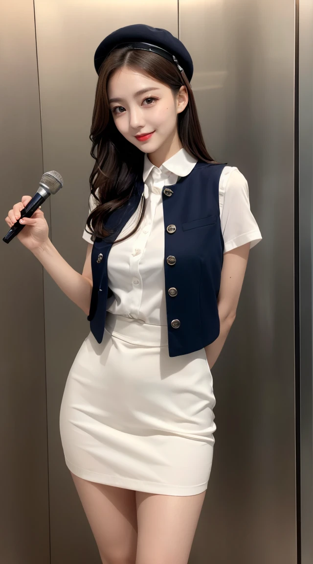 (((full body,including legs)))、(((perfect uniform of Japanese stewardess, vest-dress uniform、small hat, white formal short gloves,(black high-heel), ((with a mini mic in her hand))),bus guide,日本のバスガイド、little smile,white blouse,tight blouse)))、(((navy bowler hat),navy hat)), white gloves, short gloves, high heel、Dressed up、(Photo real:1.4)、(A hyper-realistic:1.4)、(Photorealistic:1.3)、 (gentle lighting: 1.05)、(Improve the lighting quality of your video:0.9)、32k、 1Girl、28years old girl、photorealistic lighting、Back lighting、Facial Lights、Ray Trace、(bright:1.2)、(Increase quality:1.4)、 (best quality real texture skin)、Fair eyes,Delicate and delicate face, Close-up of the breasts, white blouse,tight blouse,tight vest-dress uniform, (Bodyline mood improvement:1.1)、goofigure,Glossy skin、wavy hair,blonde hair,韓国アイドル、乃木坂アイドル、Sculptural Idol Pose、little smile,blush,Beautiful actress、Neat woman,whole body, (((midium breasts,beautiful breasts))),(perfect row of teeth),slender waist and hip,beautiful long legs,full shot)、((8heads tall)、(((誘惑している、恥ずかしい)))、dynamic pose,gravure pose,(eye shadow),((red cheek、red lips)),Super Clean Night View、night time、blush,little smile,(((full shot)))、(((in the elevater))),