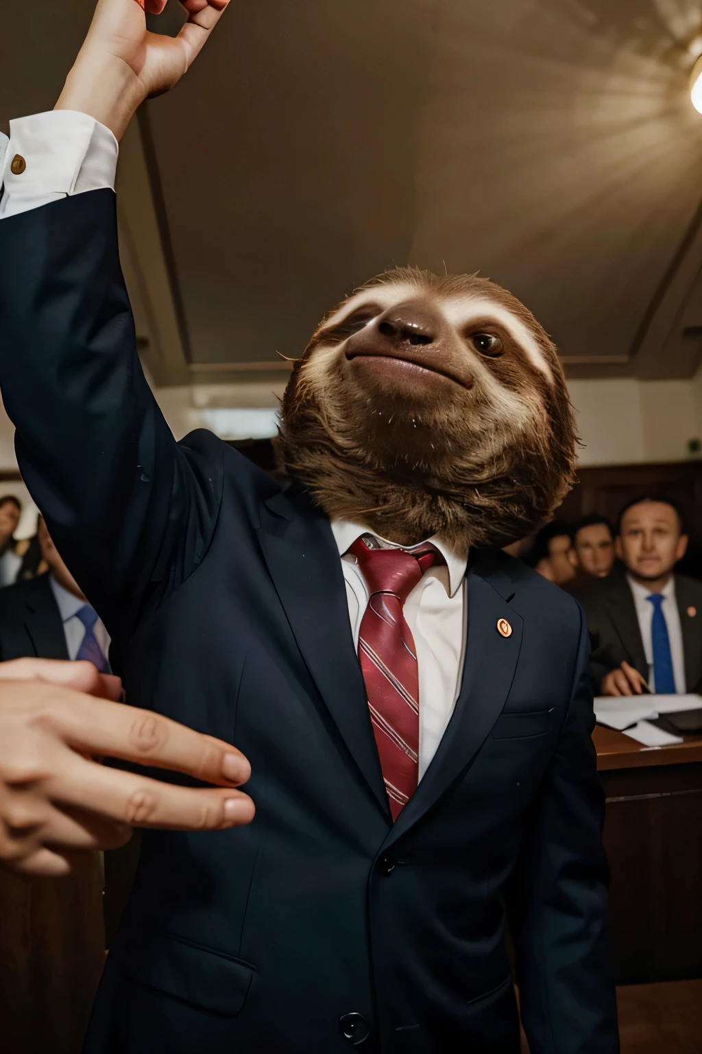 a sloth wearing suit holding a tiny card up in the air, working as a lawyer in a gubernamental congress office, politicians angerly screaming in the backgorund, politicians fighting in the background, professional picture