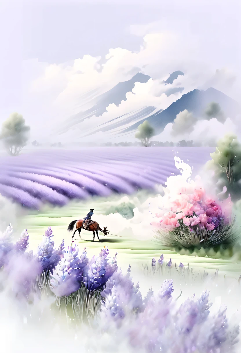 柔和色调，淡雅风格，舒适宁静，自然，温馨舒适，花园，This watercolor flower painting shows an elegant and fresh visual effect。Fields of wildflowers and lavender，Forming the perfect combination of nature and romance。The screen is dominated by a white background，Highlight isolated watercolor flower。Splash technology recreates wet conditions，The atmosphere seems vague and dreamy。Unique compositions and abstract representation add to the artistic feel of the picture，Contains elements of surrealism。The overall color tone is mainly light tones，Lilac and green complement each other beautifully，Reveal high-resolution details。The ink splash effect adds a touch of agility to the picture，The pale color gives the flowers a deep and restrained beauty.。