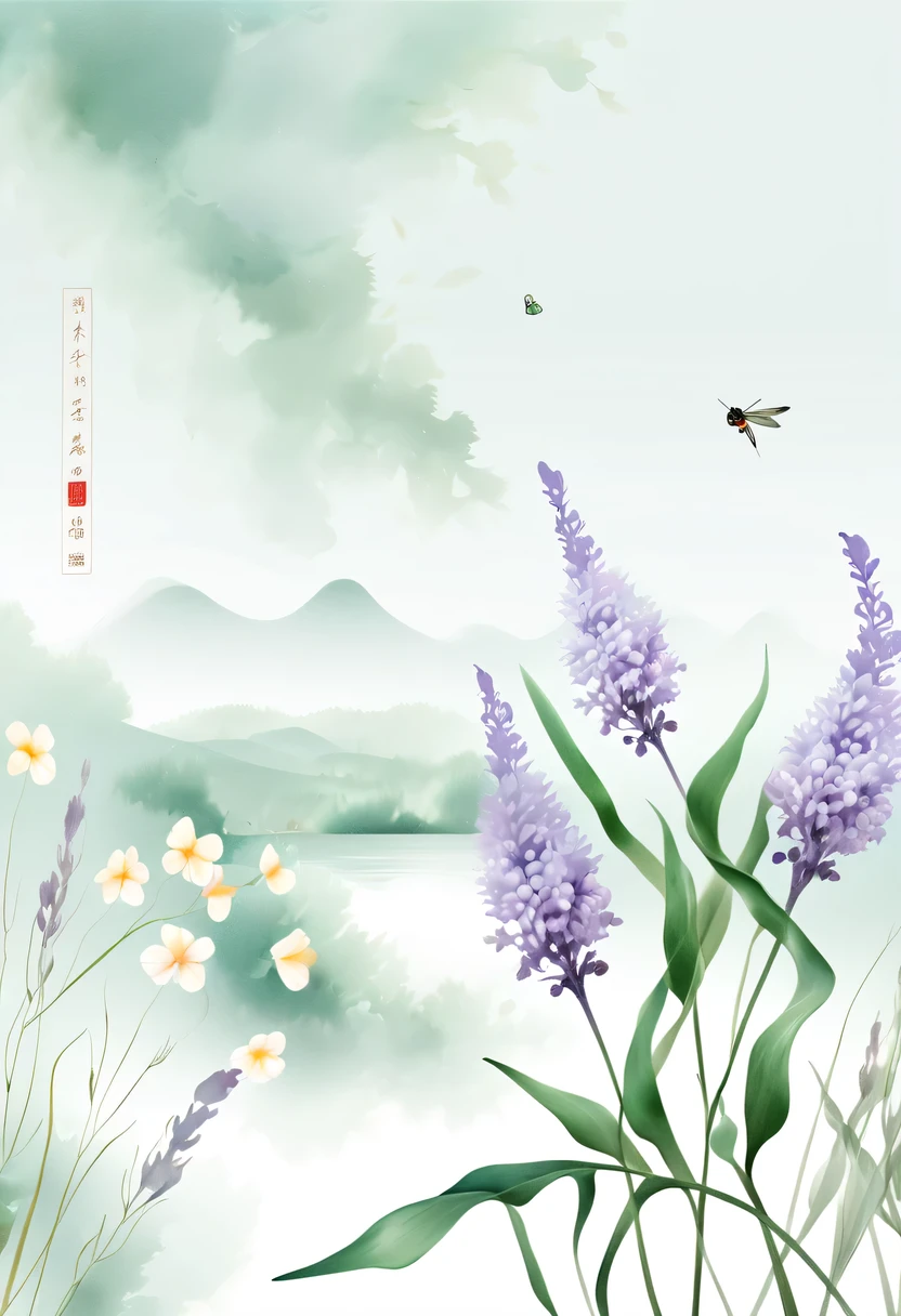 柔和色调，淡雅风格，舒适宁静，自然，温馨舒适，花园，This watercolor flower painting shows an elegant and fresh visual effect。Fields of wildflowers and lavender，Forming the perfect combination of nature and romance。The screen is dominated by a white background，Highlight isolated watercolor flower。Splash technology recreates wet conditions，The atmosphere seems vague and dreamy。Unique compositions and abstract representation add to the artistic feel of the picture，Contains elements of surrealism。The overall color tone is mainly light tones，Lilac and green complement each other beautifully，Reveal high-resolution details。The ink splash effect adds a touch of agility to the picture，The pale color gives the flowers a deep and restrained beauty.。
