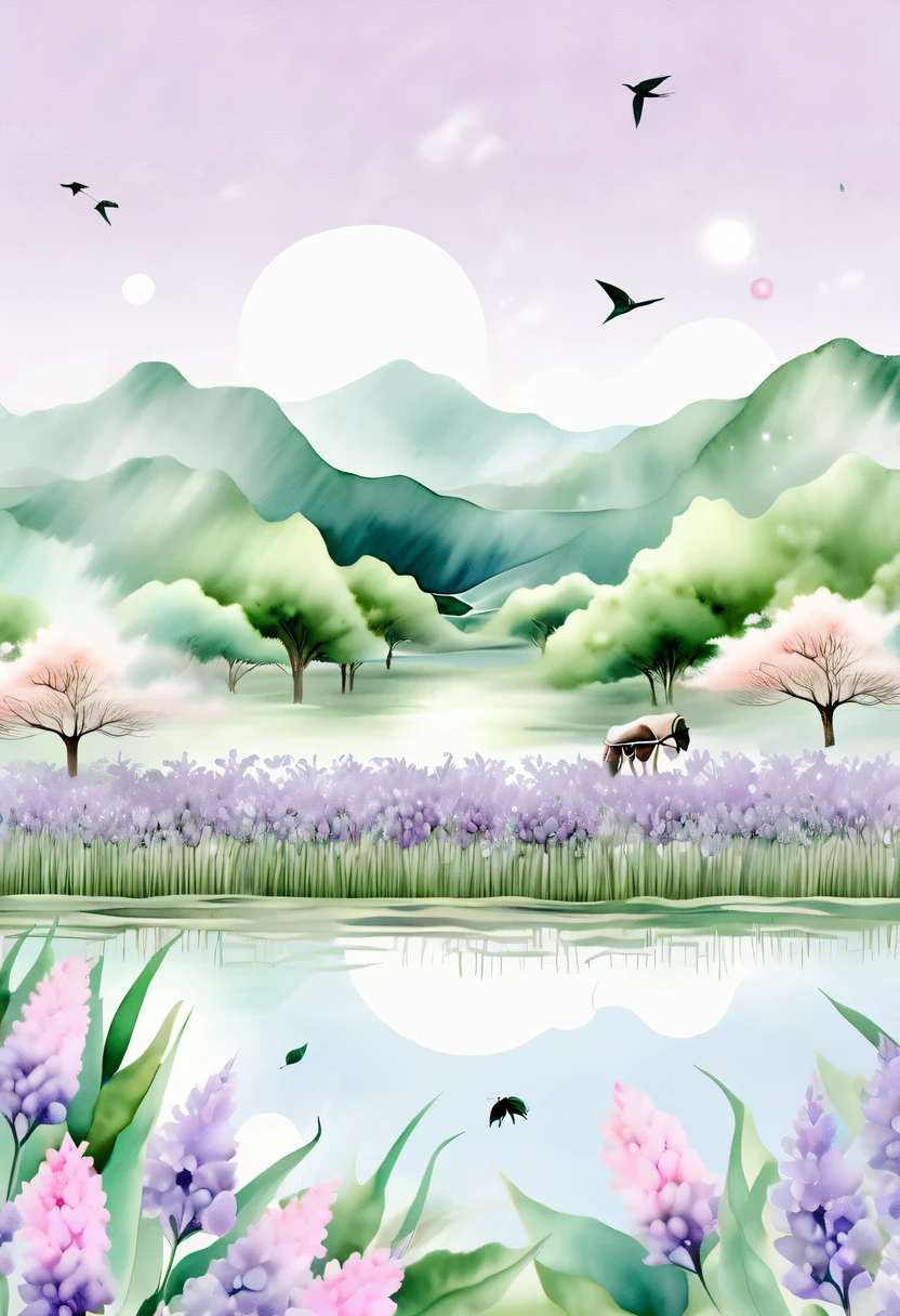 柔和色调,淡雅风格,舒适宁静,自然,温馨舒适,花园,This watercolor flower painting shows an elegant and fresh visual effect。Fields of wildflowers and lavender,Forming the perfect combination of nature and romance。The screen is dominated by a white background,Highlight isolated watercolor flower。Splash technology recreates wet conditions,The atmosphere seems vague and dreamy。Unique compositions and abstract representation add to the artistic feel of the picture,Contains elements of surrealism。The overall color tone is mainly light tones,Lilac and green complement each other beautifully,Reveal high-resolution details。The ink splash effect adds a touch of agility to the picture,The pale color gives the flowers a deep and restrained beauty.。
