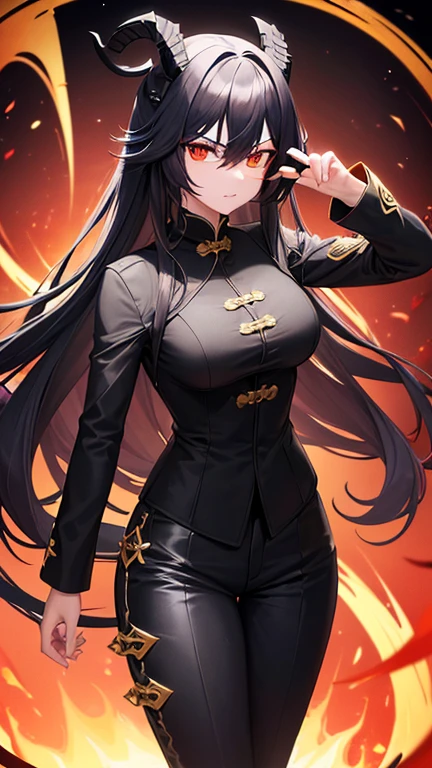 ((8k ultrasharp, Masterpiece, look at viewers with serious)), A girl, Black long hair goes through waist, Gold vertical eyes flows, black aviator sunglass, wearing a black Tangzhuang has a Chinese dragon edgy and aesthetic design pattern, black long sleeve, black pants has a red ribbon around the pocket, a Chinese spirit dragon like ghost behind