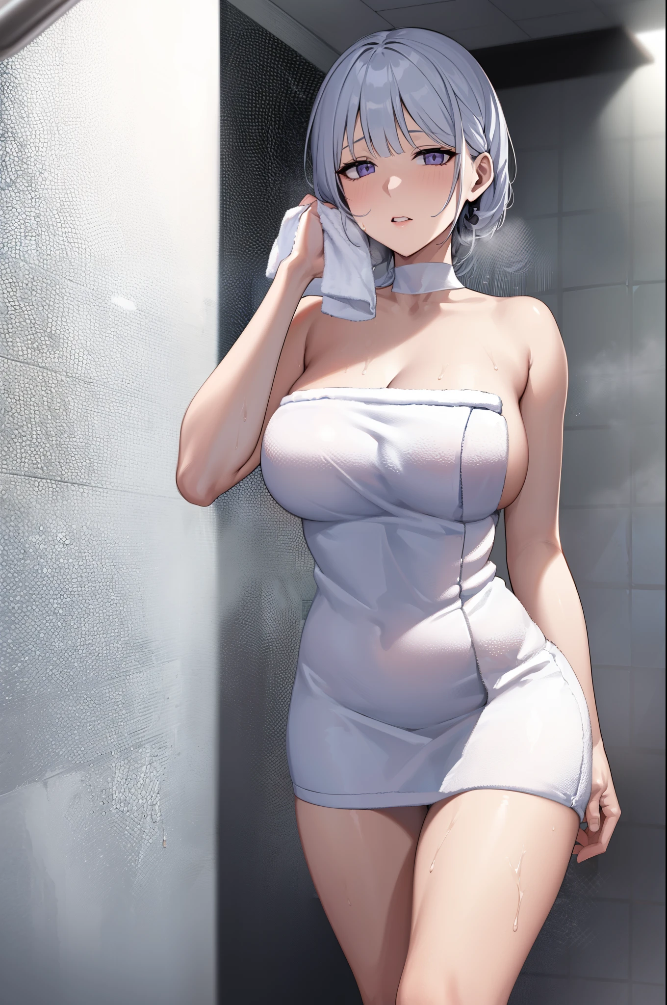 ((rpk16,inside the shower,showing off her body,teasing,smug face,hands on face,(wearing a towel only:1.4),)),big breast, masterpiece, best quality, 1girls, solo, looking at viewer, blush, hair ornament, long hair, bangs, braid, hair over one eye,,indoors,shower, parted lips,parted lips, thigh gap,full body,shower running in the background
