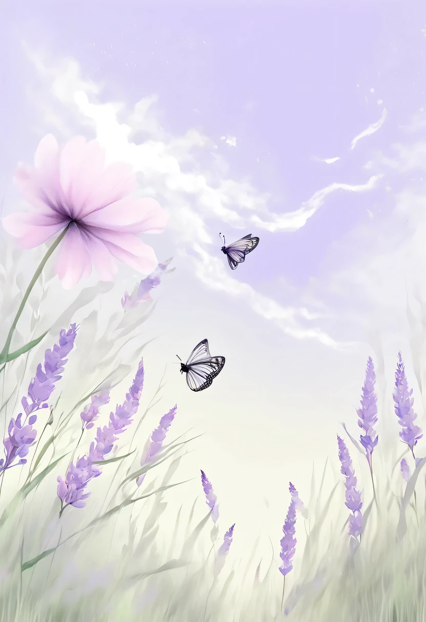 柔和色调，淡雅风格，舒适宁静，自然，温馨舒适，花园，This watercolor flower painting shows an elegant and fresh visual effect。Fields of wildflowers and lavender，Forming the perfect combination of nature and romance。The screen is dominated by a white background，Highlight isolated watercolor flower。Splash technology recreates wet conditions，The atmosphere seems vague and dreamy。Unique compositions and abstract representation add to the artistic feel of the picture，Contains elements of surrealism。The overall color tone is mainly light tones，Lilac and green complement each other beautifully，Reveal high-resolution details。The ink splash effect adds a touch of agility to the picture，The pale color gives the flowers a deep and restrained beauty.。