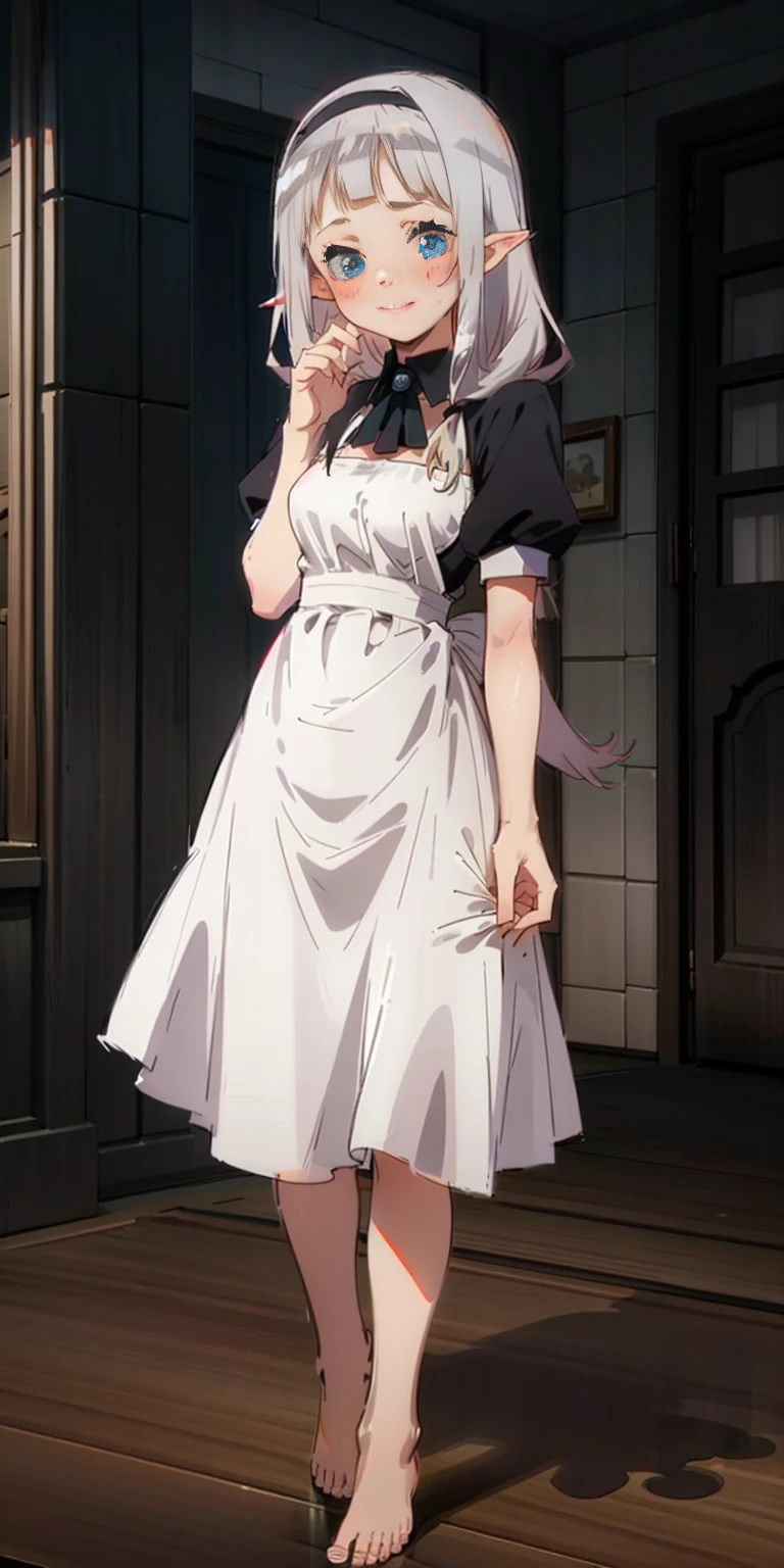 1girl, cute, ((Short black hair girl and long blonde hair girl)), maid victorian, maid apron, straight face, dazed, Body position: Standing, straight, symmetrical, barefoot, Lustful smile on face with red blush,
