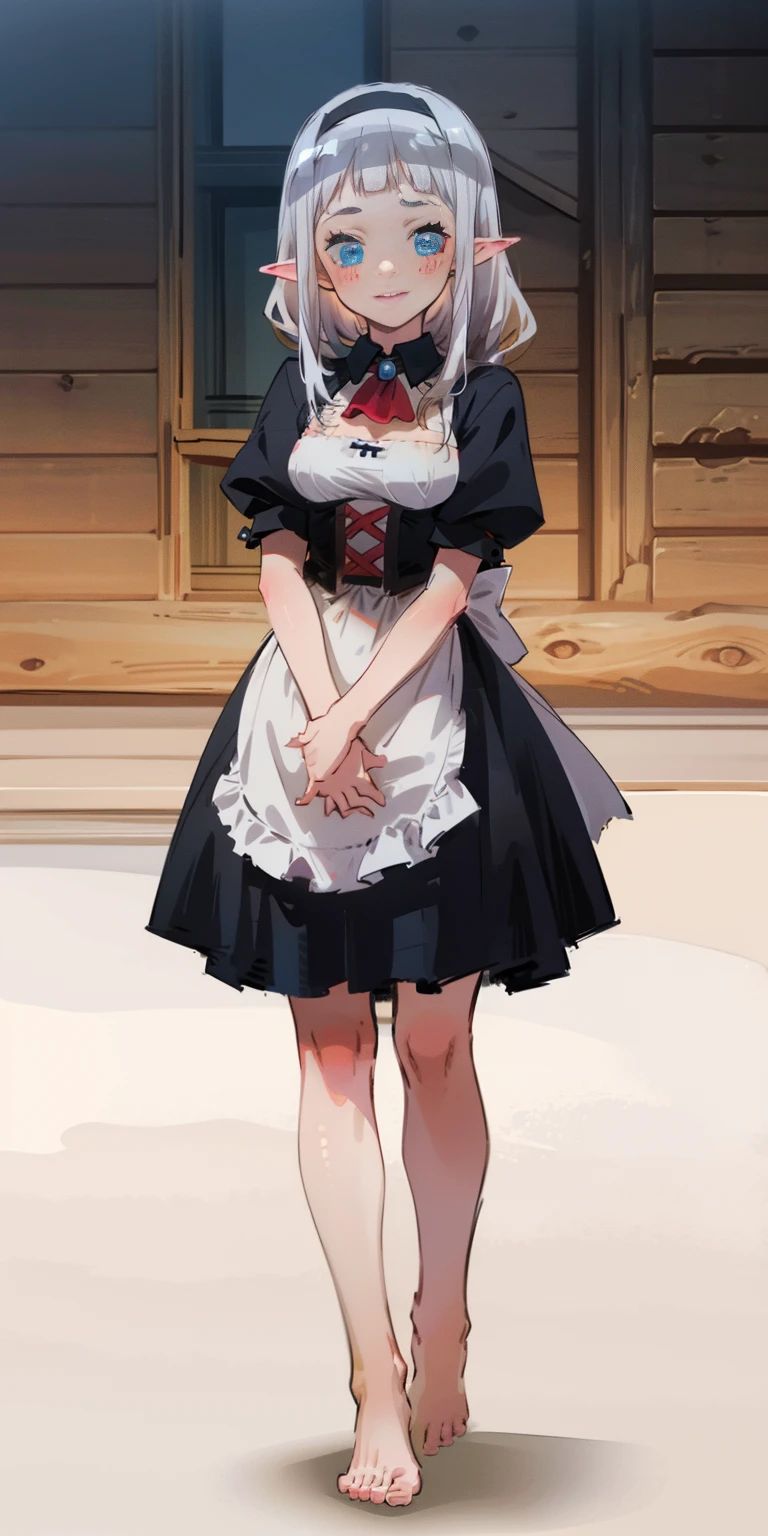 1girl, cute, ((Short black hair girl and long blonde hair girl)), maid victorian, maid apron, straight face, dazed, Body position: Standing, straight, symmetrical, barefoot, Lustful smile on face with red blush,
