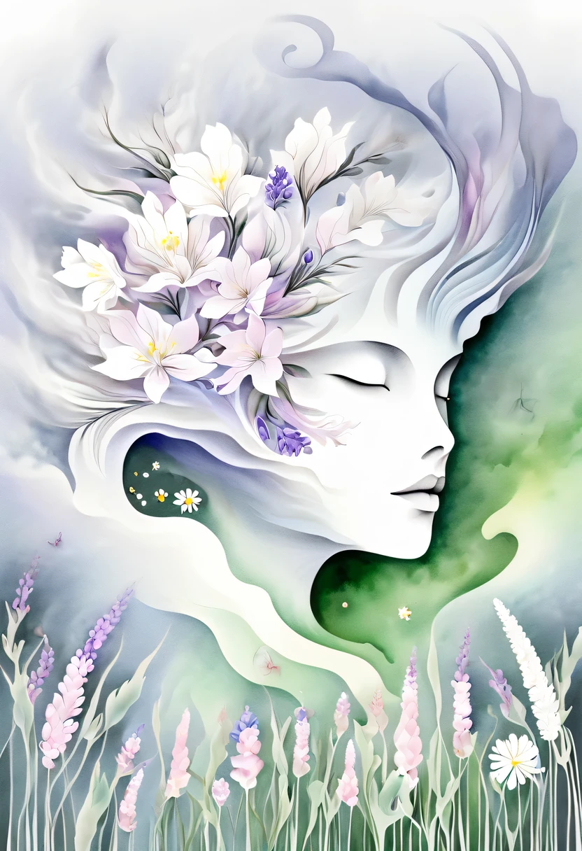 柔和色调,淡雅风格,舒适宁静,自然,温馨舒适,花园,This watercolor flower painting shows an elegant and fresh visual effect。Fields of wildflowers and lavender,Forming the perfect combination of nature and romance。The screen is dominated by a white background,Highlight isolated watercolor flower。Splash technology recreates wet conditions,The atmosphere seems vague and dreamy。Unique compositions and abstract representation add to the artistic feel of the picture,Contains elements of surrealism。The overall color tone is mainly light tones,Lilac and green complement each other beautifully,Reveal high-resolution details。The ink splash effect adds a touch of agility to the picture,The pale color gives the flowers a deep and restrained beauty.。