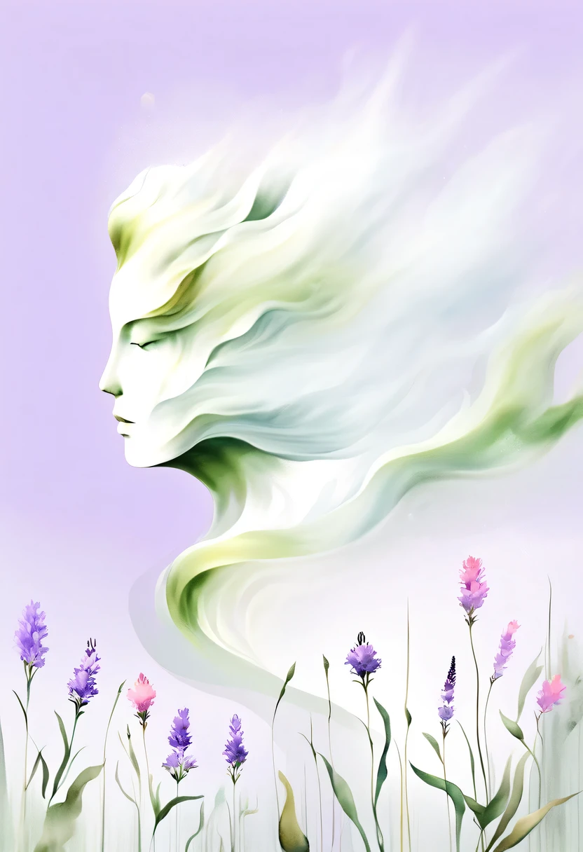 柔和色调,淡雅风格,舒适宁静,自然,温馨舒适,花园,This watercolor flower painting shows an elegant and fresh visual effect。Fields of wildflowers and lavender,Forming the perfect combination of nature and romance。The screen is dominated by a white background,Highlight isolated watercolor flower。Splash technology recreates wet conditions,The atmosphere seems vague and dreamy。Unique compositions and abstract representation add to the artistic feel of the picture,Contains elements of surrealism。The overall color tone is mainly light tones,Lilac and green complement each other beautifully,Reveal high-resolution details。The ink splash effect adds a touch of agility to the picture,The pale color gives the flowers a deep and restrained beauty.。