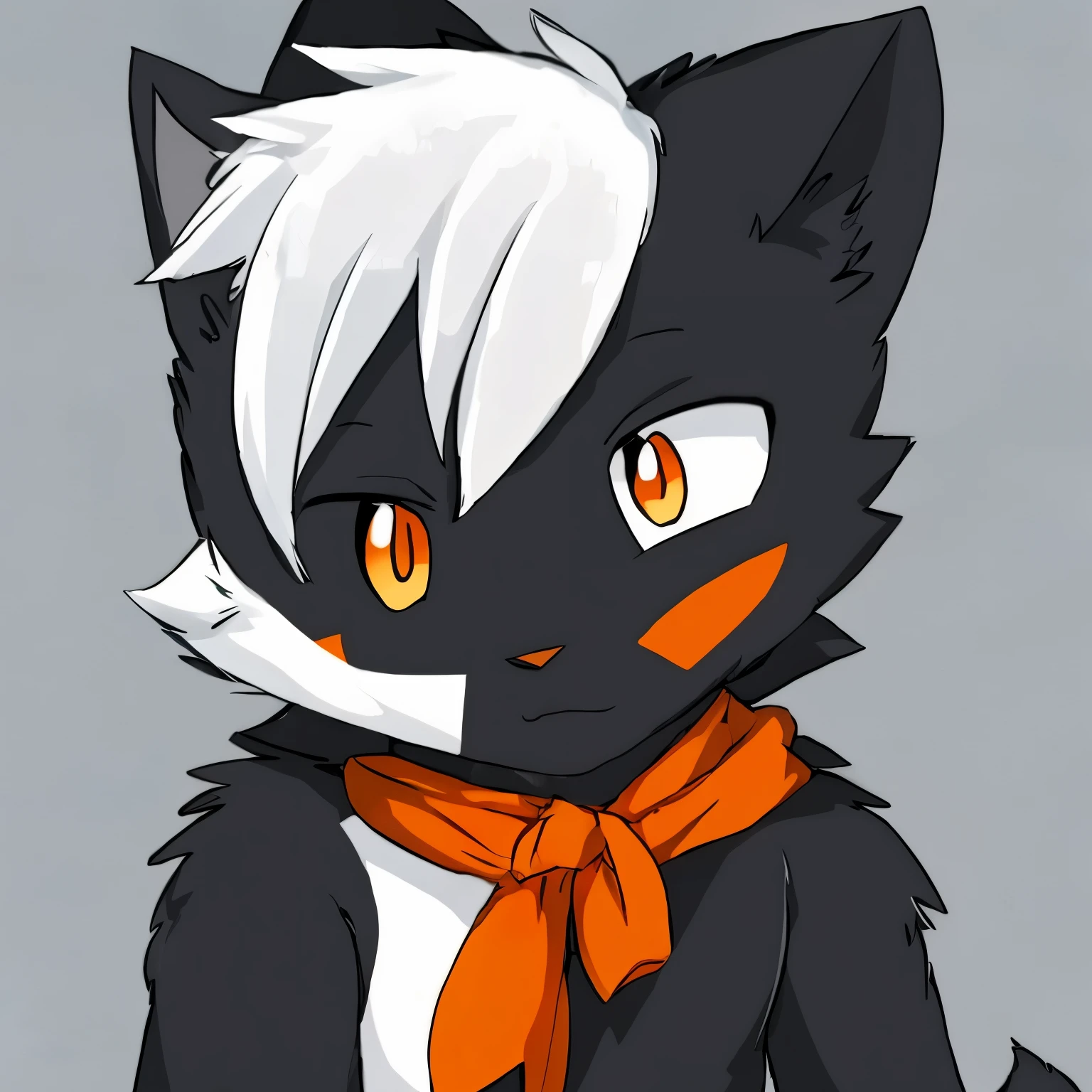 Cartoon white haired black cat with blue and orange eyes