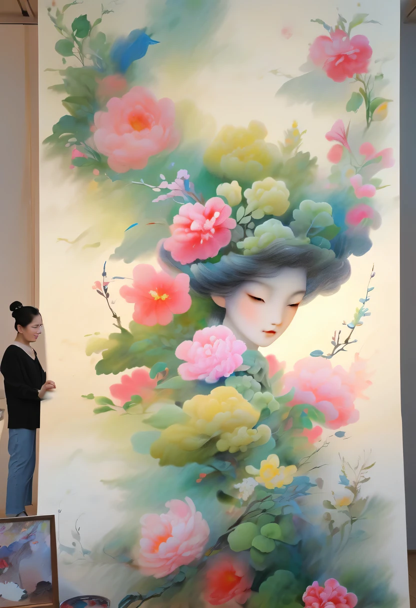 柔和色调,淡雅风格,舒适宁静,自然,温馨舒适,花园,masterpiece,basic quality,realistically,官方Art,Very detailed,masterpiece,best quality,(Very detailed的CG统一8k壁纸),(best quality),(best illustrations),(best shadow),Very detailed的图片,(8k,best quality),A girl painted a watercolor flower painting on the wall, Come to life, Art, watercolour painting style,4k