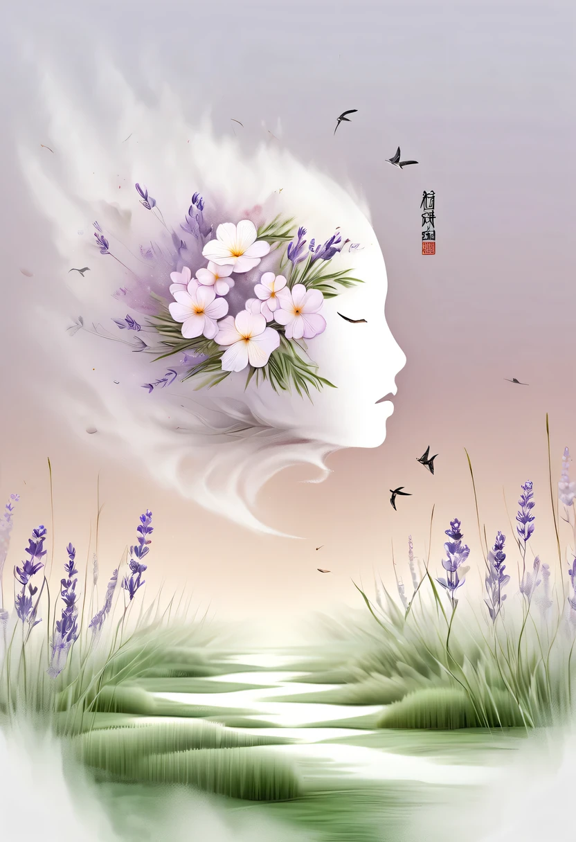 柔和色调,淡雅风格,舒适宁静,自然,温馨舒适,花园,This watercolor flower painting shows an elegant and fresh visual effect。Fields of wildflowers and lavender,Forming the perfect combination of nature and romance。The screen is dominated by a white background,Highlight isolated watercolor flower。Splash technology recreates wet conditions,The atmosphere seems vague and dreamy。Unique compositions and abstract representation add to the artistic feel of the picture,Contains elements of surrealism。The overall color tone is mainly light tones,Lilac and green complement each other beautifully,Reveal high-resolution details。The ink splash effect adds a touch of agility to the picture,The pale color gives the flowers a deep and restrained beauty.。