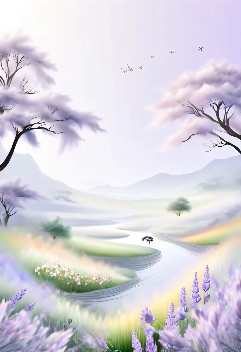 柔和色调，淡雅风格，舒适宁静，自然，温馨舒适，花园，This watercolor flower painting shows an elegant and fresh visual effect。Fields of wildflowers and lavender，Forming the perfect combination of nature and romance。The screen is dominated by a white background，Highlight isolated watercolor flower。Splash technology recreates wet conditions，The atmosphere seems vague and dreamy。Unique compositions and abstract representation add to the artistic feel of the picture，Contains elements of surrealism。The overall color tone is mainly light tones，Lilac and green complement each other beautifully，Reveal high-resolution details。The ink splash effect adds a touch of agility to the picture，The pale color gives the flowers a deep and restrained beauty.。