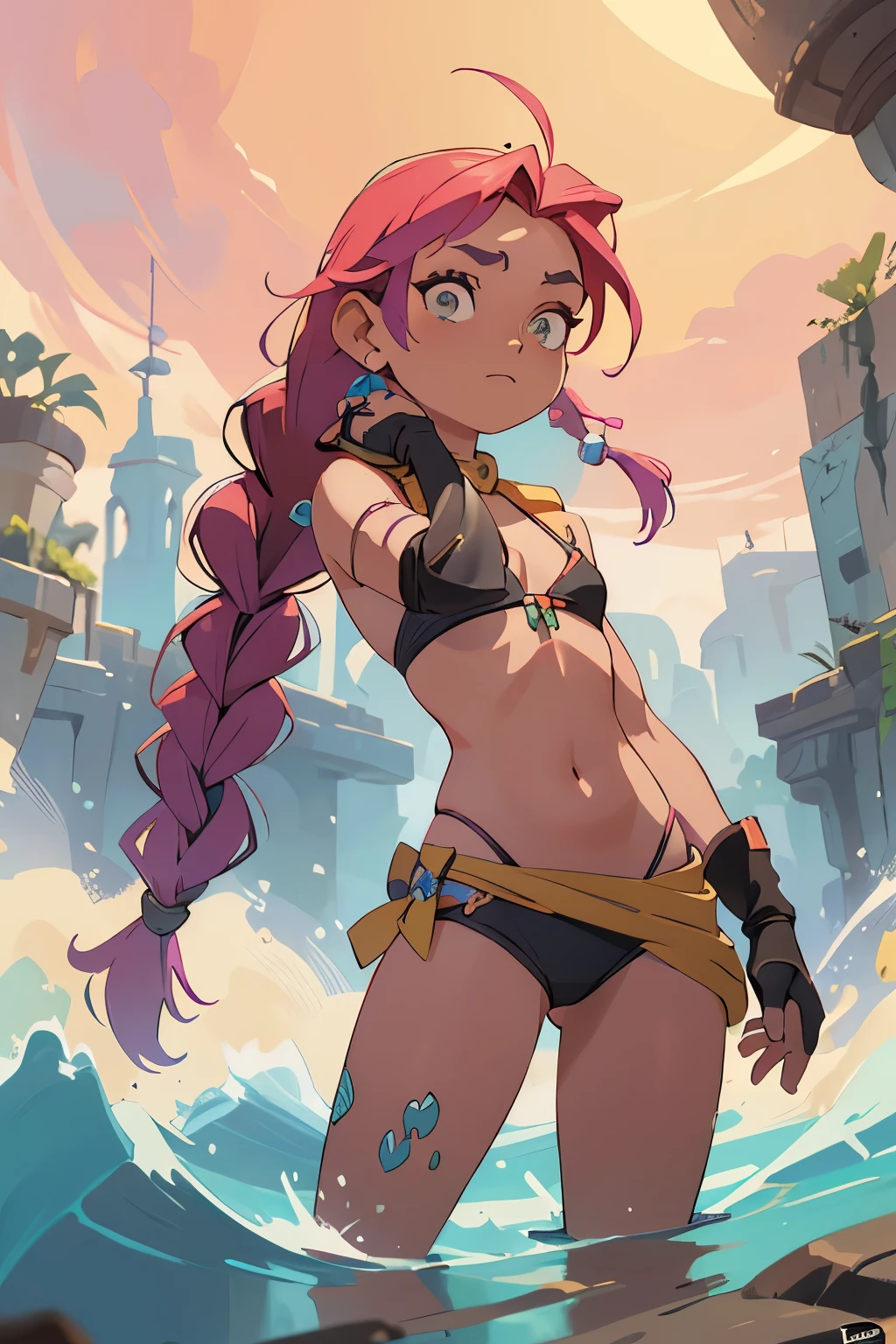 (obra de arte, melhor qualidade:1.2),detalhes intrincados,Jinx \(League of Legends\),1 garota,Twin braids,single elbow glove,short curto,only bikini top,colar,cinto,bala,luvas sem dedos,barren planets,