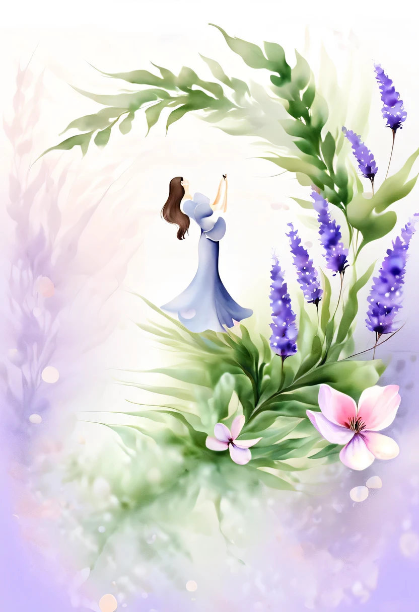 柔和色调,淡雅风格,舒适宁静,自然,温馨舒适,花园,This watercolor flower painting shows an elegant and fresh visual effect。Fields of wildflowers and lavender,Forming the perfect combination of nature and romance。The screen is dominated by a white background,Highlight isolated watercolor flower。Splash technology recreates wet conditions,The atmosphere seems vague and dreamy。Unique compositions and abstract representation add to the artistic feel of the picture,Contains elements of surrealism。The overall color tone is mainly light tones,Lilac and green complement each other beautifully,Reveal high-resolution details。The ink splash effect adds a touch of agility to the picture,The pale color gives the flowers a deep and restrained beauty.。