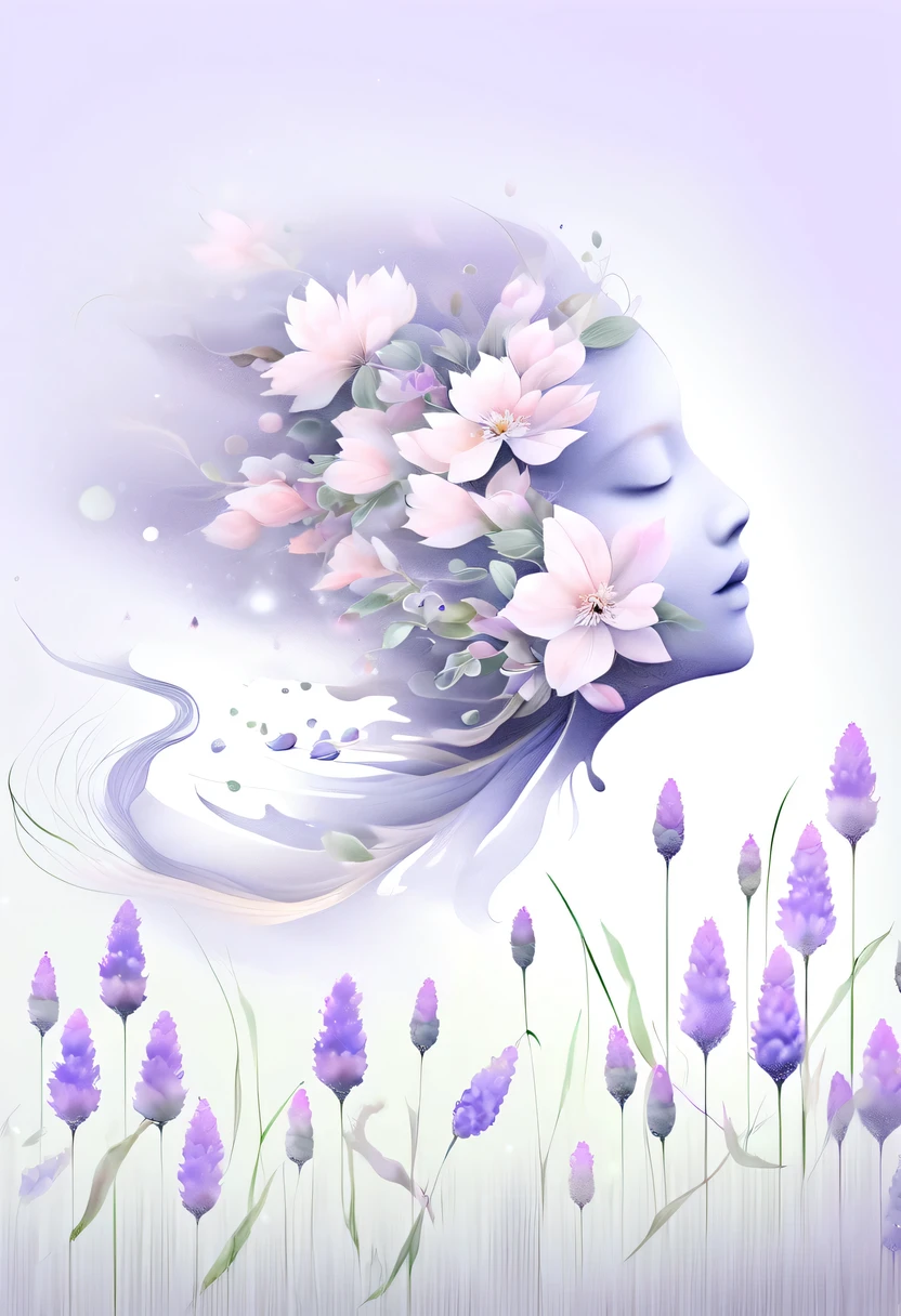 柔和色调,淡雅风格,舒适宁静,自然,温馨舒适,花园,This watercolor flower painting shows an elegant and fresh visual effect。Fields of wildflowers and lavender,Forming the perfect combination of nature and romance。The screen is dominated by a white background,Highlight isolated watercolor flower。Splash technology recreates wet conditions,The atmosphere seems vague and dreamy。Unique compositions and abstract representation add to the artistic feel of the picture,Contains elements of surrealism。The overall color tone is mainly light tones,Lilac and green complement each other beautifully,Reveal high-resolution details。The ink splash effect adds a touch of agility to the picture,The pale color gives the flowers a deep and restrained beauty.。