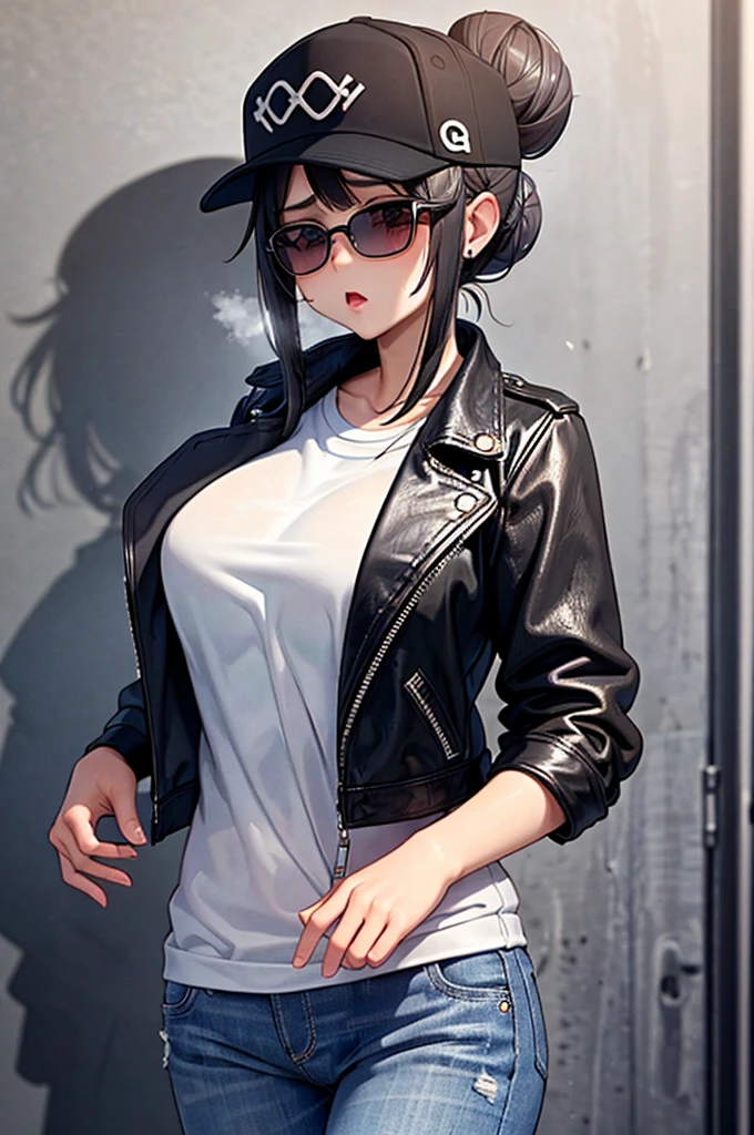 (masterpiece:1.2, best quality), 1lady, solo, upper body, big tits, Chic and edgy leather jacket paired with a classic white t-shirt and distressed jeans Confident and effortless with minimal makeup and a messy bun (Music festival or a trendy downtown neighborhood) Statement sunglasses and chunky jewelry, with a cross-body bag for convenience