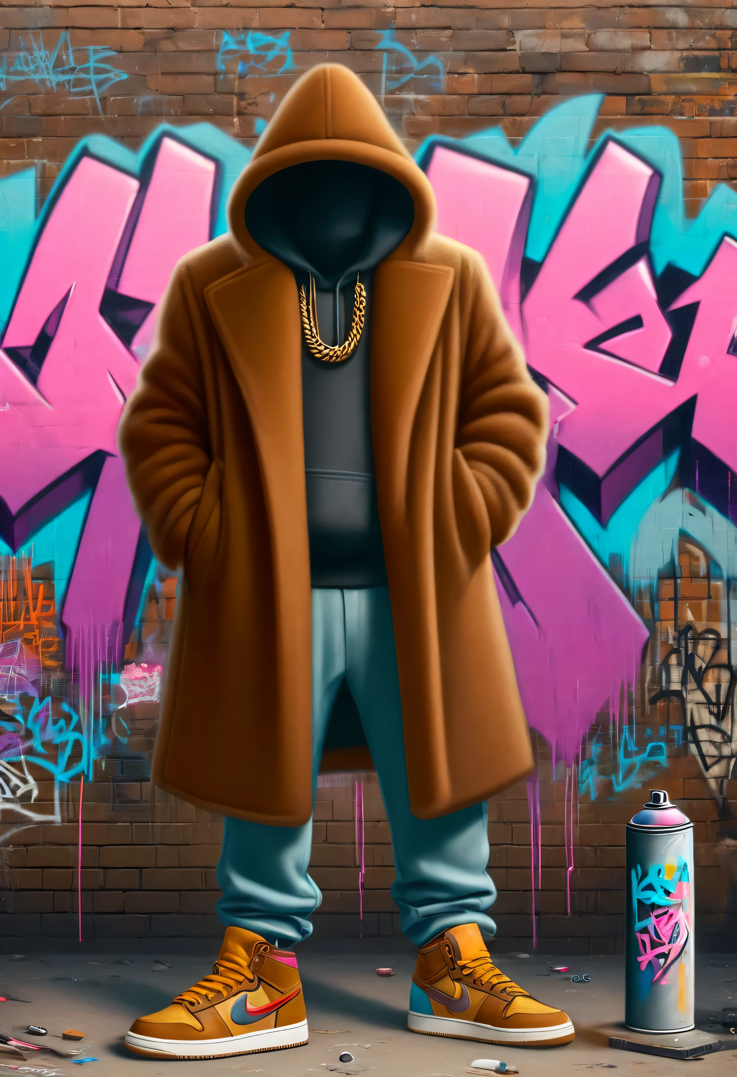 electricboogaloostyle, no face, solo, gloves, long sleeves, holding, standing, full body, shoes, pants, coat, no humans, sneakers, wall, brown coat, graffiti, spray can