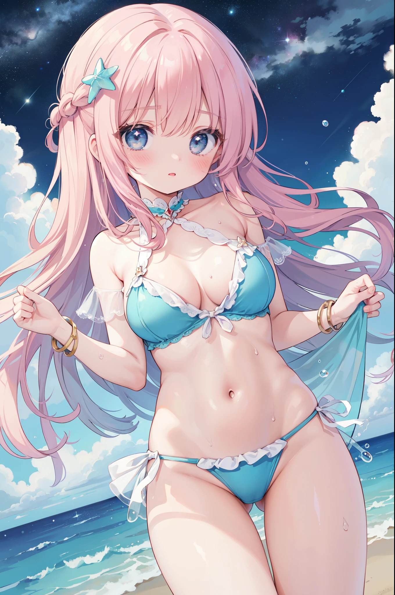 (masterpiece)、(highest quality)、((Super detailed))、(super delicate)、Cute naughty swimsuit idol、Pastel colors hair、beautiful breasts、Thighs、Gorgeous、Fantastic starry sky、beautiful sea、Wet and see-through