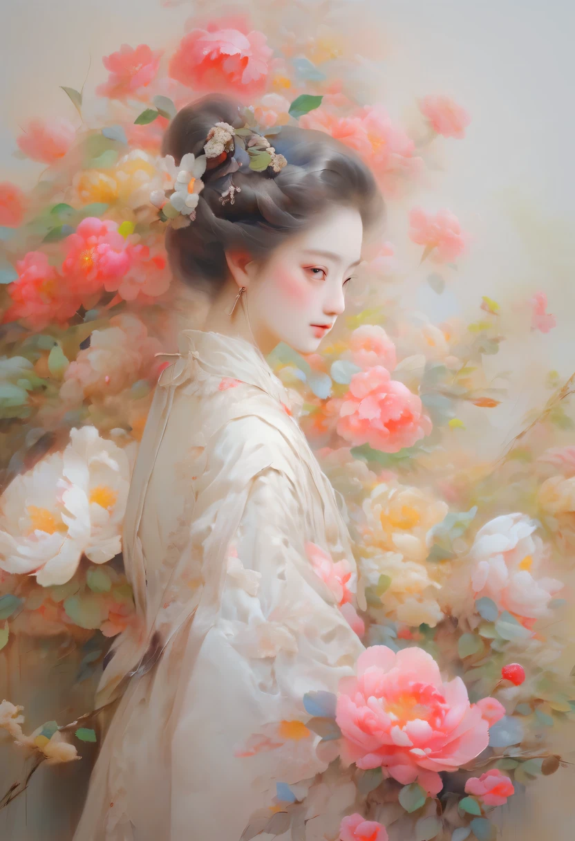 柔和色调,淡雅风格,舒适宁静,自然,温馨舒适,花园,masterpiece,basic quality,realistically,官方Art,Very detailed,masterpiece,best quality,(Very detailed的CG统一8k壁纸),(best quality),(best illustrations),(best shadow),Very detailed的图片,(8k,best quality),A girl painted a watercolor flower painting on the wall, Come to life, Art, watercolour painting style,4k