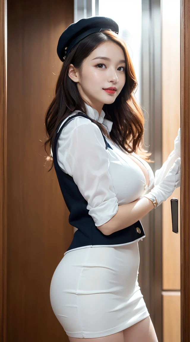 (masterpiece:1.2, Best Quality:1.2), 32K HDR, High resolution, (Solo, 1girl in), (Super realistic portraits of sexy and cute Japanese flight attendant, Ultra-realistic Air Asia stewardess uniform), 23 y-o woman, blonde hair, Bob Shorthair, ((slant eyes)), (red jacket with zipper removed:1.1, Unbuttoned white shirt:1.05, Red mini skirt:1.1, Mask:1.15, Perfect slim body:1.1, huge tits, huge boobs, huge breasts, huge cleavage), Detailed skin texture, Detailed face, Detailed eyes, (Leaning forward posture, toilet, in abandoned house:1.1),