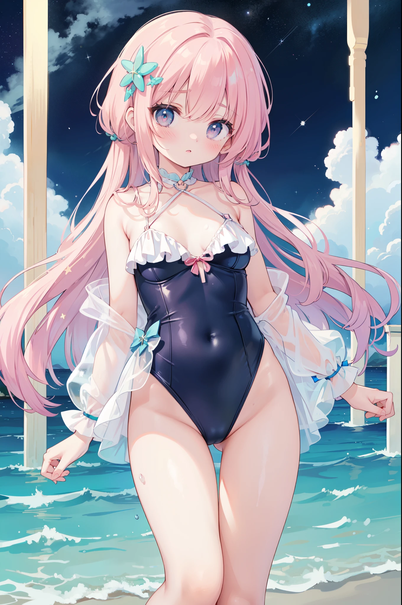 (masterpiece)、(highest quality)、((Super detailed))、(super delicate)、Cute naughty swimsuit idol、Pastel colors hair、beautiful breasts、Thighs、Gorgeous、Fantastic starry sky、beautiful sea、Wet and see-through