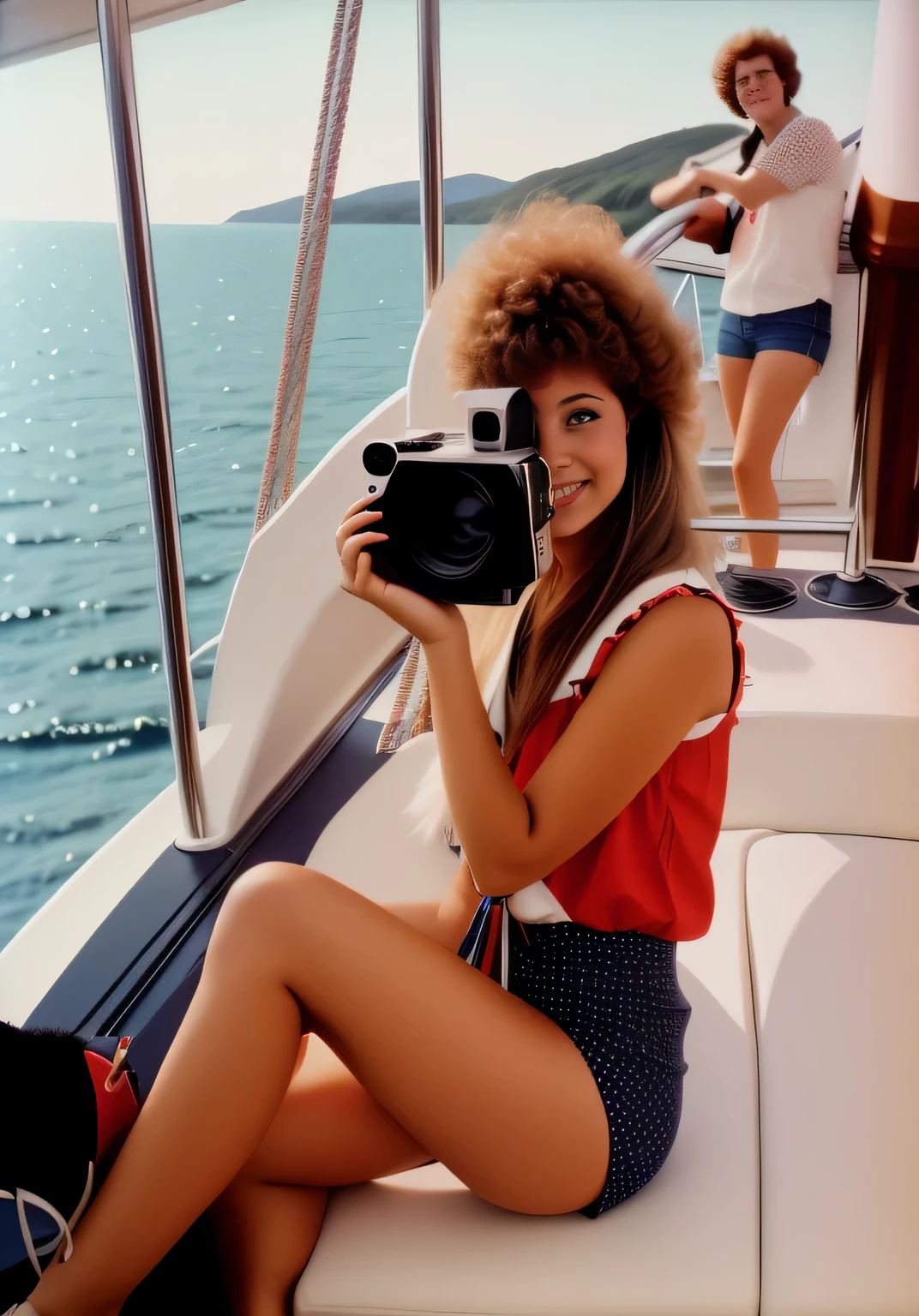 woman sitting on a boat with camera taking a picture of a group of people, on a yacht at sea, eighties amateur photography, on a boat, color film photography 1970s, vhs colour photography, on the bow, on the sea, film photography from 7 0 s, shot with a arriflex 35 ii