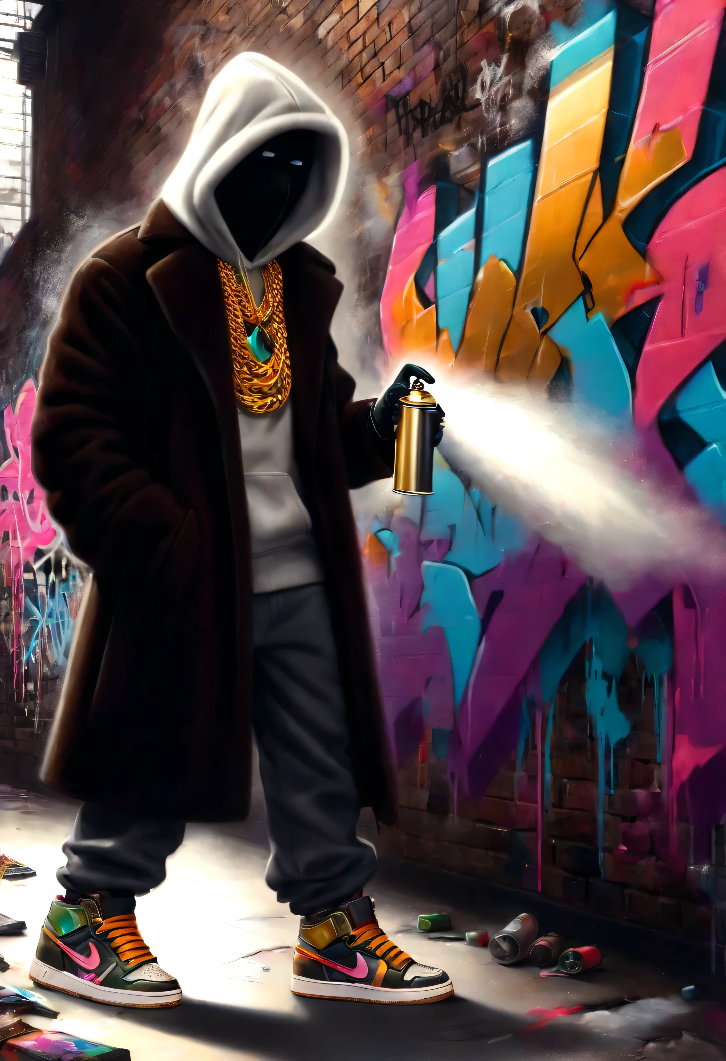 electricboogaloostyle, no face, solo, jewelry, standing, full body, shoes, pants, hood, necklace, coat, mask, chain, sneakers, hands in pockets, paintbrush, brick wall, paint splatter, gas mask, paint, chain necklace, gold chain, graffiti, spray can